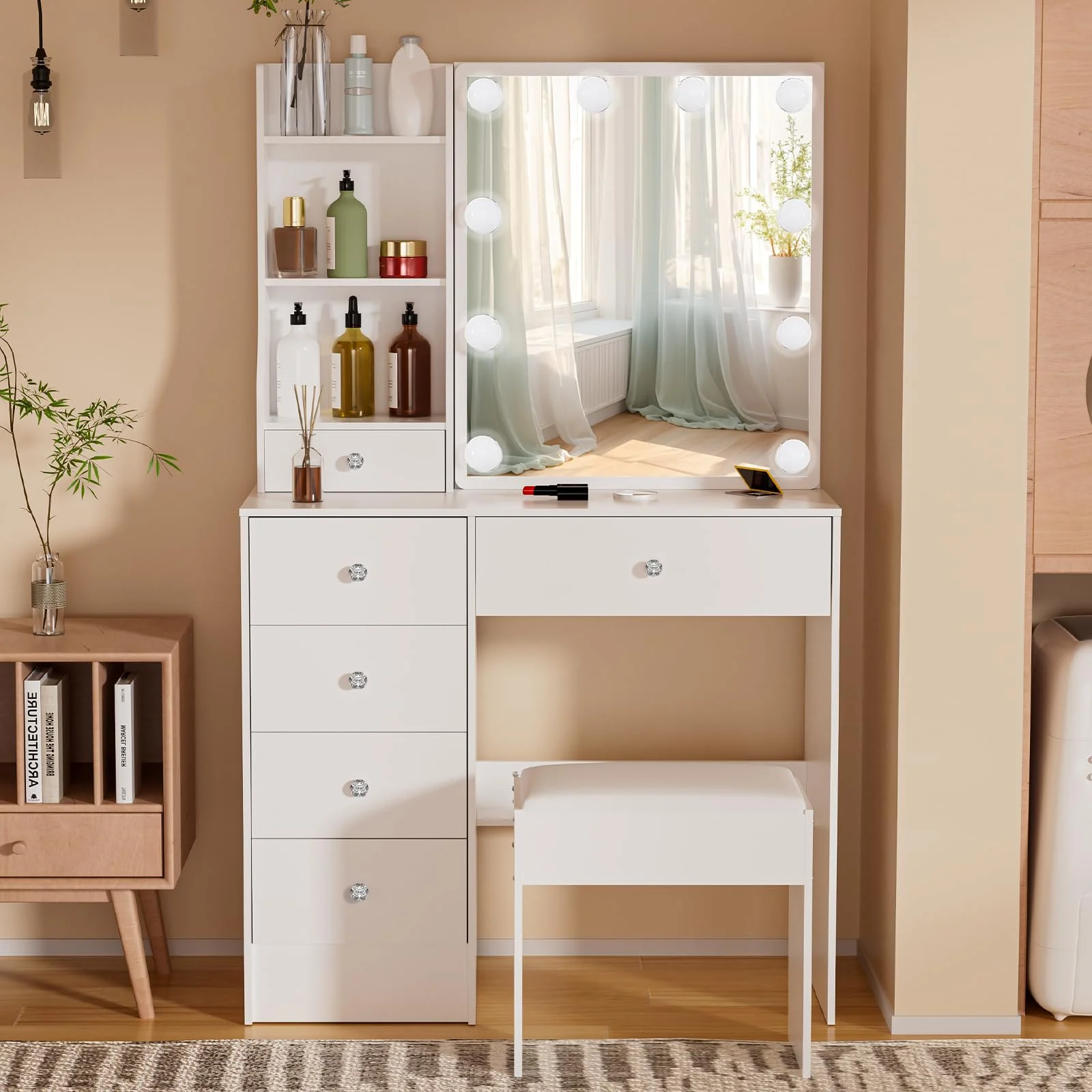 Puselo Schminktisch mit Beleuchtung und Spiegel, Kosmetiktisch mit 6 Schubladen 6 Ablagen & 1 Hocker, 80x36x130cm Moderner Frisiertisch für Schlafzimmer