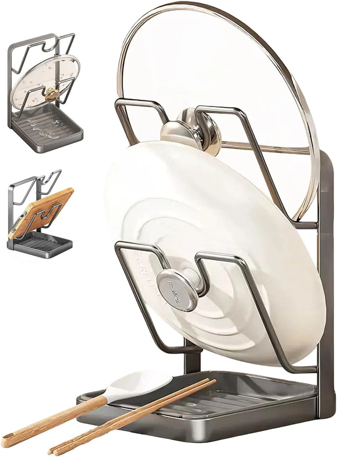 Topfdeckel Organizer Küchenregal, Topfdeckelhalter Küchenutensilien, 2 in 1 Küchen Organizer, Stabile Leicht zu Reinigen,mit Abnehmbarer Abtropfschale Topfdeckelhalter,Platzsparend in der Küche Sauber