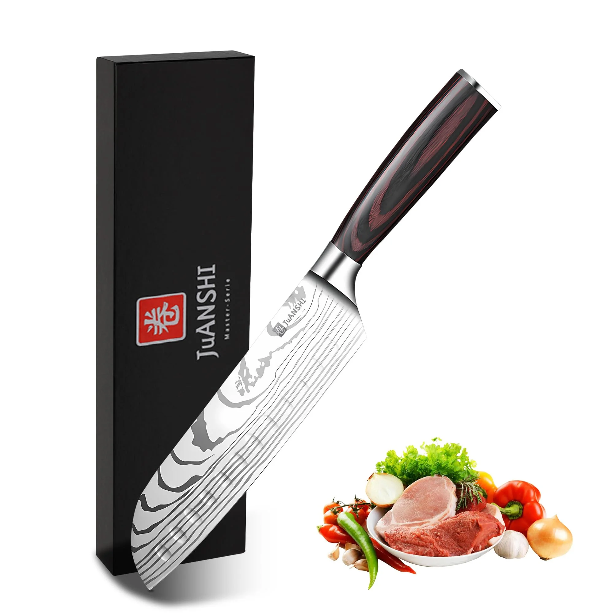 JUANSHI® Santoku Messer 18 cm, Profi Kochmesser aus Hochwertigem Edelstahl, Asiatisches Küchenmesser mit Pakkaholzgriff, Extrem Scharfes Sushi & Sashimi Messer für Fleisch, Fisch, Gemüse und Obst