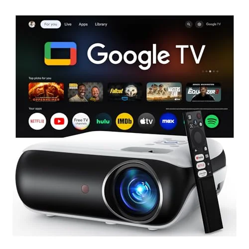Official Google TV Smart Beamer 4k, HAPPRUN 25000L Full HD Beamer Heimkino mit Dolby Audio, Wi-Fi & Bluetooth, Integrierte Streaming-Apps, 300" Projektor Kompatibel mit Spielkonsolen und Handy