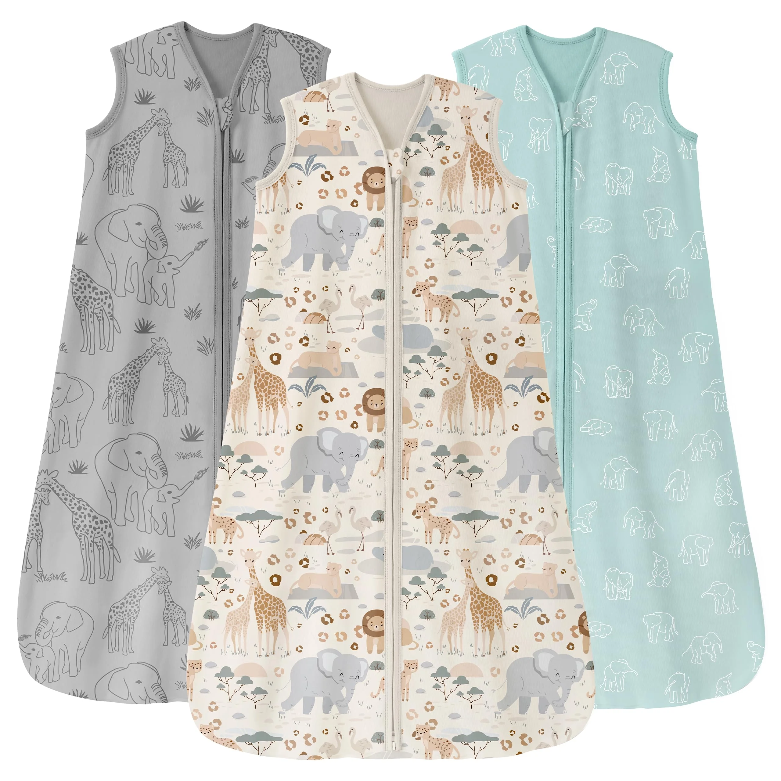 Unnivoll 3er Pack Schlafsack Baby Sommer 0.5 Tog 100% Baumwolle Sommerschlafsack Babyschlafsack 0-6 monate 67 cm für Jungen Mädchen Neugeborene Aprikose Grau Grün Elefant