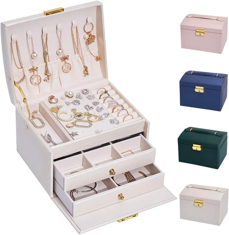 hombrima Schmuckschatulle, abschließbar, Schmuckschatulle für Damen, mit 2 Schubladen und 3 Ebenen, Aufbewahrung für Uhren, Halsketten, Ringe, Armbänder, Geschenkideen