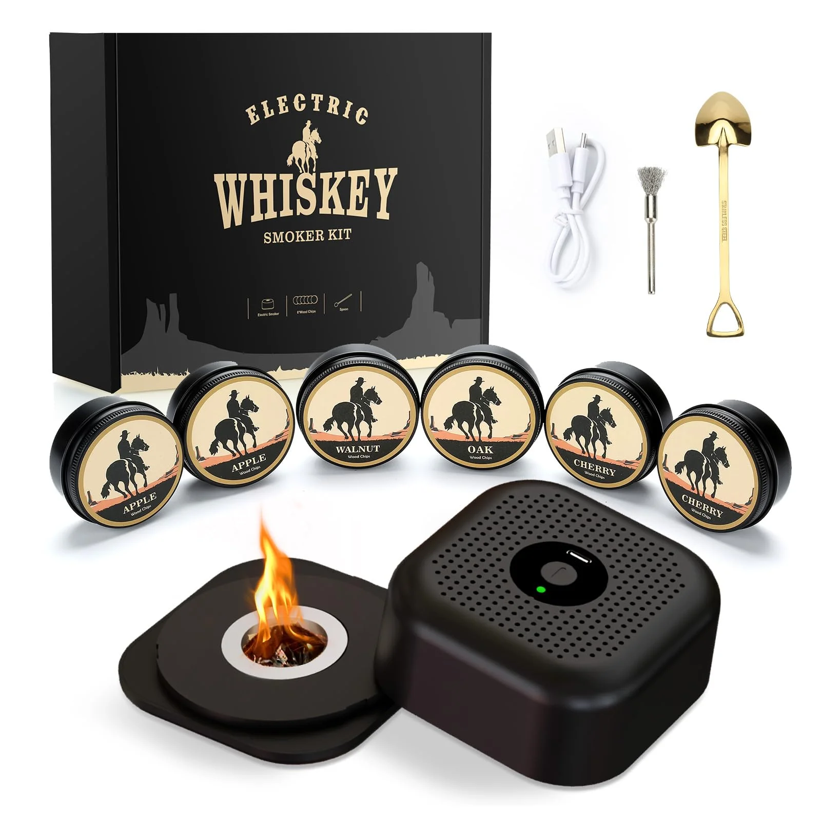 Elektrischer Whisky Smoker Set mit 6 Holzchips, Wiederaufladbare Cocktail Smoker Kit, Saturn S-moker- Full Kit for Bourbon, Drink Smoking - Geschenk für Vater, Ehemann