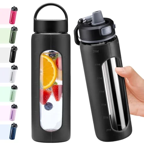 BLUEGO 600/700ml Glas Wasserflasche mit 2 Deckeln- One-Touch Verschlussdeckel und Griffdeckel Wiederverwendbare Trinkflasche mit Zeitskala für Reisen Zuhause Fitnessstudio Sport BPA-frei