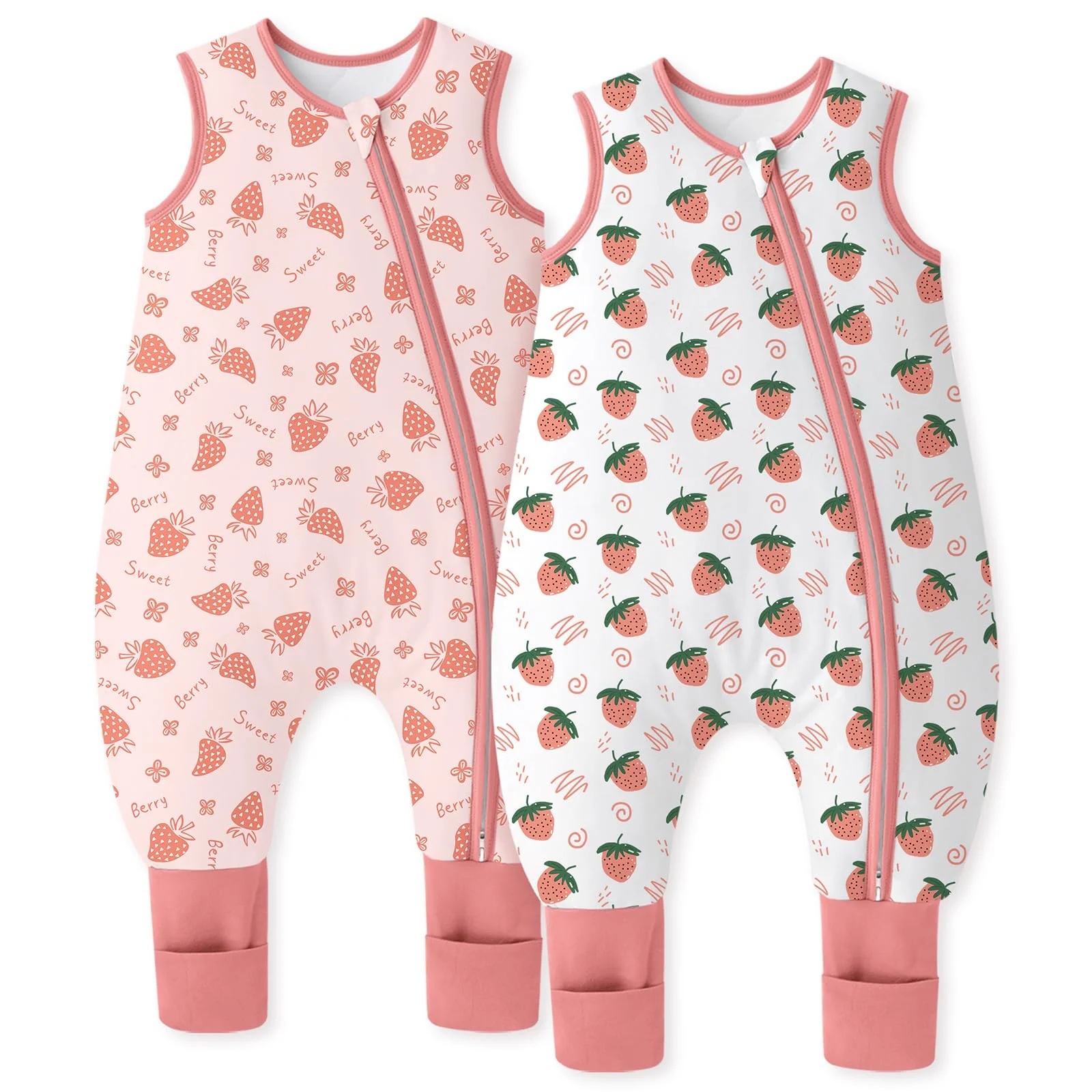 Unnivoll Baby Schlafsack mit Füßen 1,5 Tog 2er Pack Schlafsack Baby Baumwolle Ganzjahre Schlafsack mit Beinen Babyschlafsack Weich 70 cm für Jungen Mädchen Erdbeere