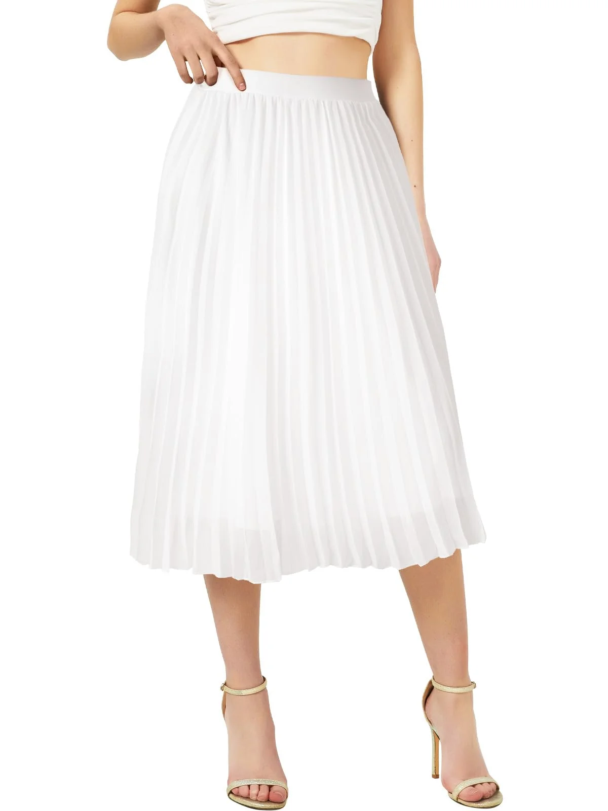 Soudittur Damen Sommer Chiffon Rock A-Linie Plissee-Rock Midilänge Faltenrock mit Elastischer Taille Leichter Flowy Midirock für Freizeit, Strand & Party