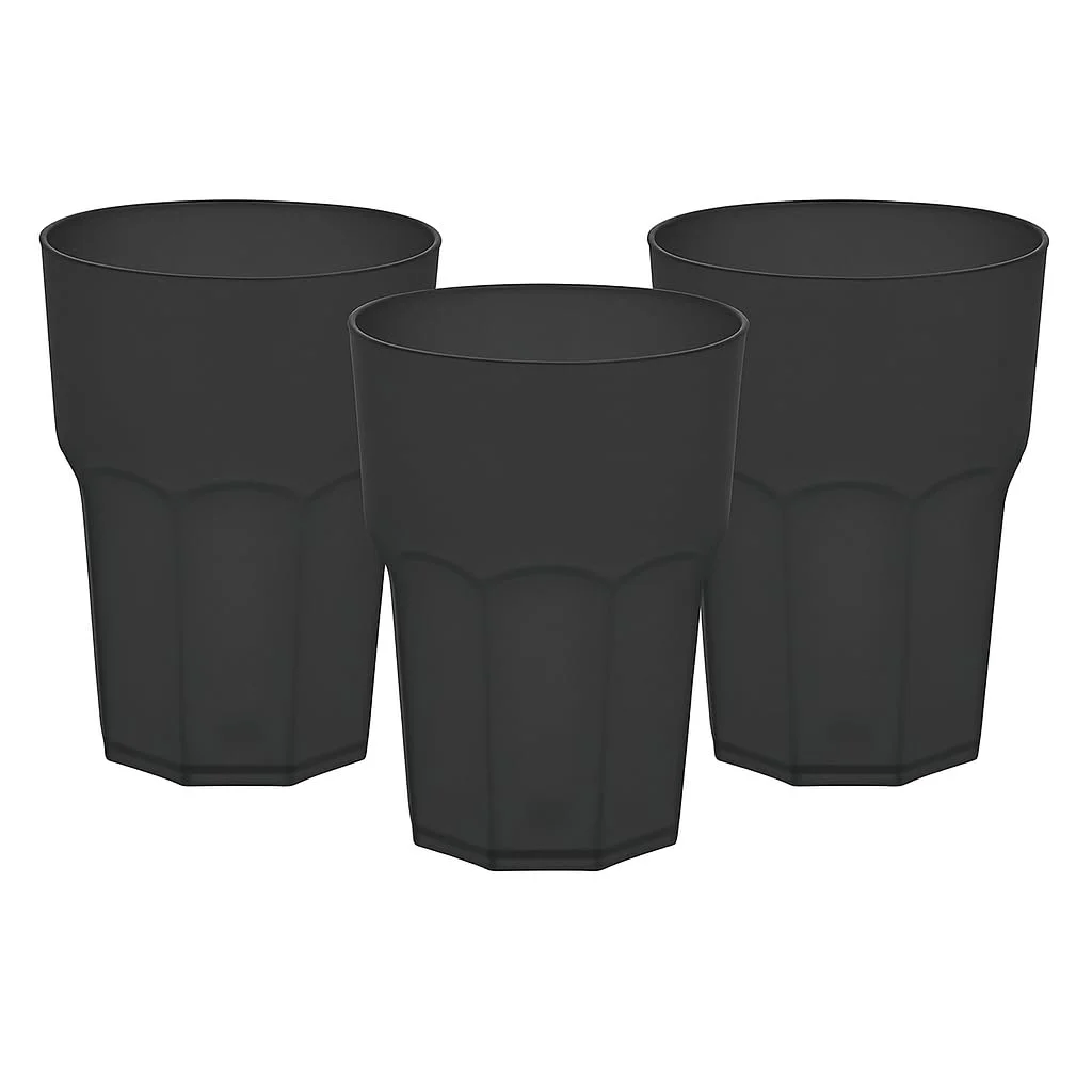 3x GLASSY CUP® 480 ml Schwarz Transparent – Bruchfester Kunststoffbecher im Glaslook – BPA-frei, spülmaschinenfest, wiederverwendbar – Ideal für Cocktail, Caipi, Party, Camping & Outdoor