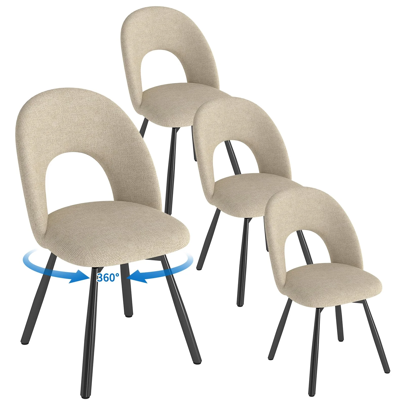 WAFTING Esszimmerstühle 4er Set Drehbar, Polsterstuhl aus Leinenstoff mit Metallbeinen, Esszimmerstühle mit durchbrochener Rückenlehne, geeignet für Esszimmer, Küchenstuhl，Wohnzimmer，Hellbraun