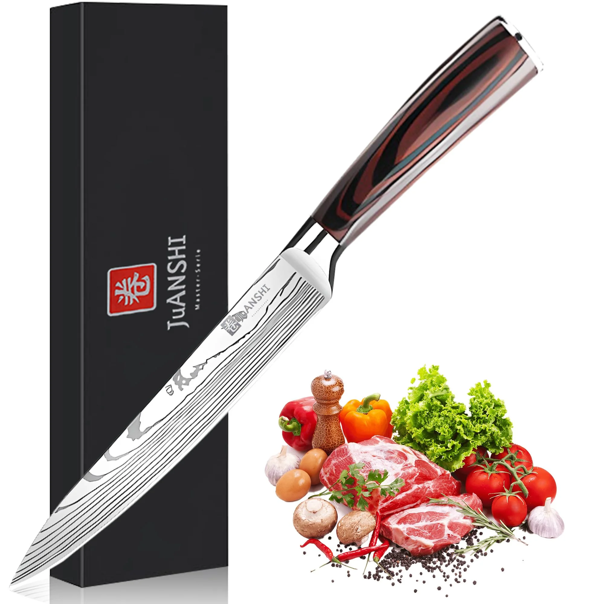 JUANSHI® Profi Fleischmesser 20 cm, Kochmesser aus Hochkohlenstoff-Edelstahl, Extrem Scharfes Küchenmesser zum Schneiden von Fleisch, Fisch und Gemüse, Ergonomischer Griff für Haushalt und Gastronomie