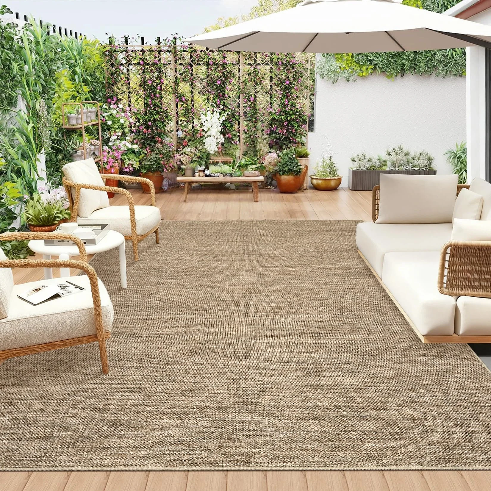 LuxFocus Jute-Look Teppich Innen/Außen 160×230 cm, einfarbiger moderner Teppich mit Rutschfester Unterseite, waschbarer flachfloriger neutraler Dekoteppich für Wohnzimmer, Schlafzimmer, Leinenfarbe