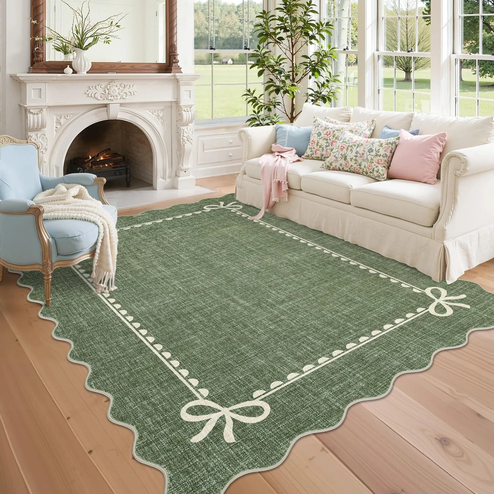 CAROMIO Teppich Wohnzimmer 200x290 cm, Moderner Kurzflor Teppich mit Wellenrand & Schleifen, rutschfest & Extra Flach, Unifarben mit Textur, Geeignet für Schlafzimmer Esszimmer, Grün