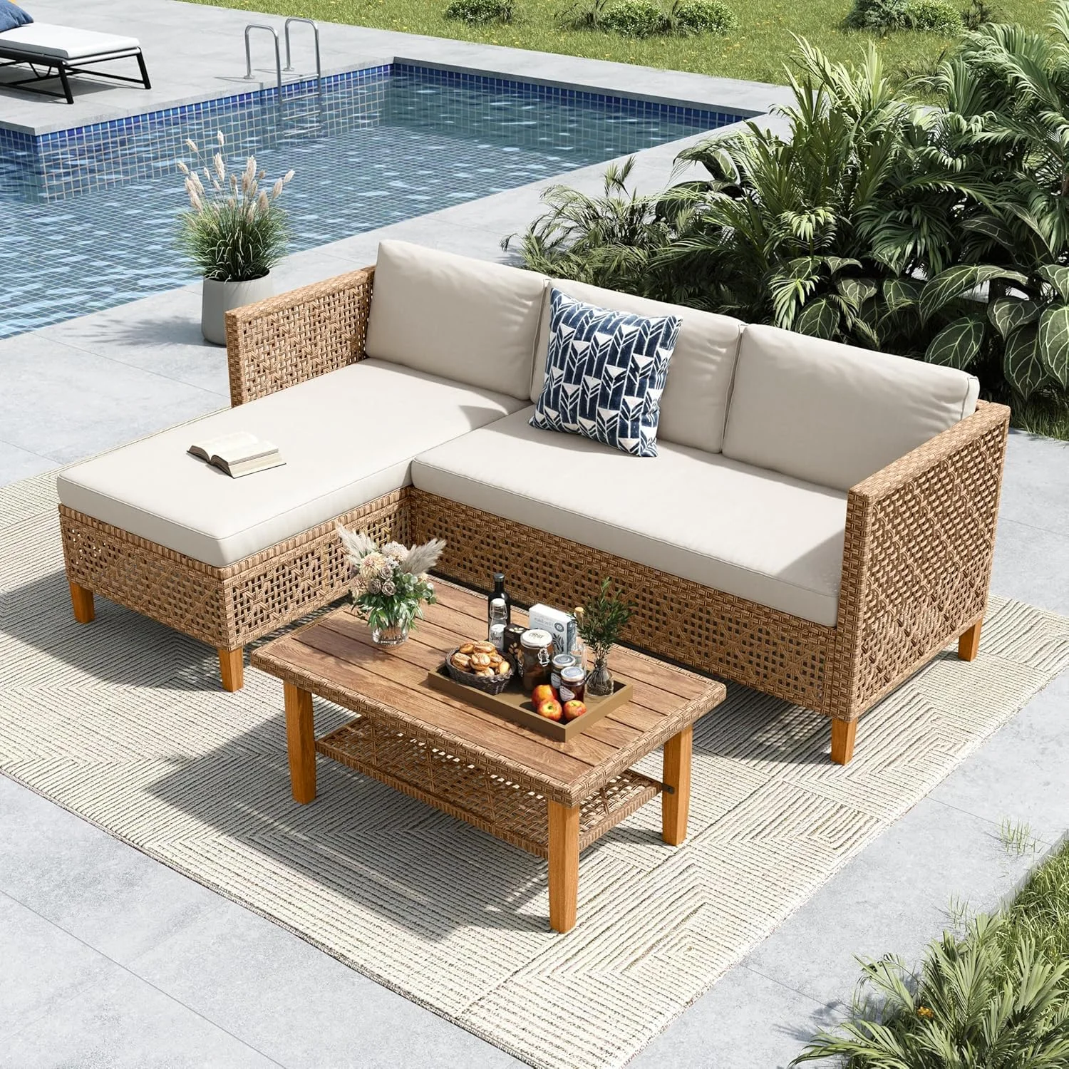 MFSTUDIO 5-teiliges Rattan Gartenmöbel Set mit Outdoor-Couchtisch, Wicker Lounge Corner Sofa Set, Doppel-Couchtisch für zusätzlichen Stauraum, mehrere Querbalken