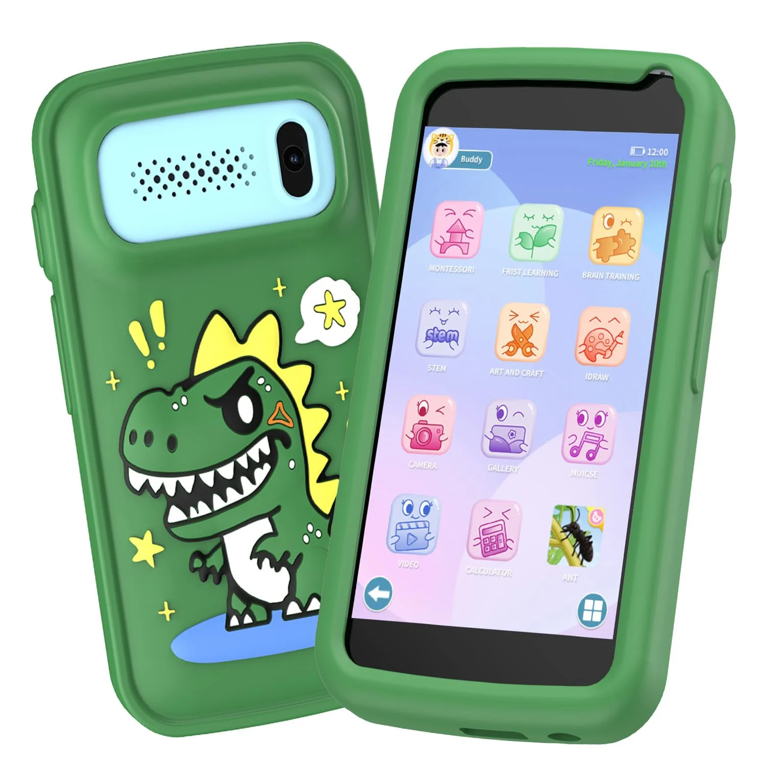 Kinder Handy Smartphone, Dinosaurier Weihnachten Geschenk Pretend Smartphone für Mädchen Jungen Alter 3-12, Kinder Kamera Spielzeug mit 200 + Puzzle Spiel, Musik-Player (grün)