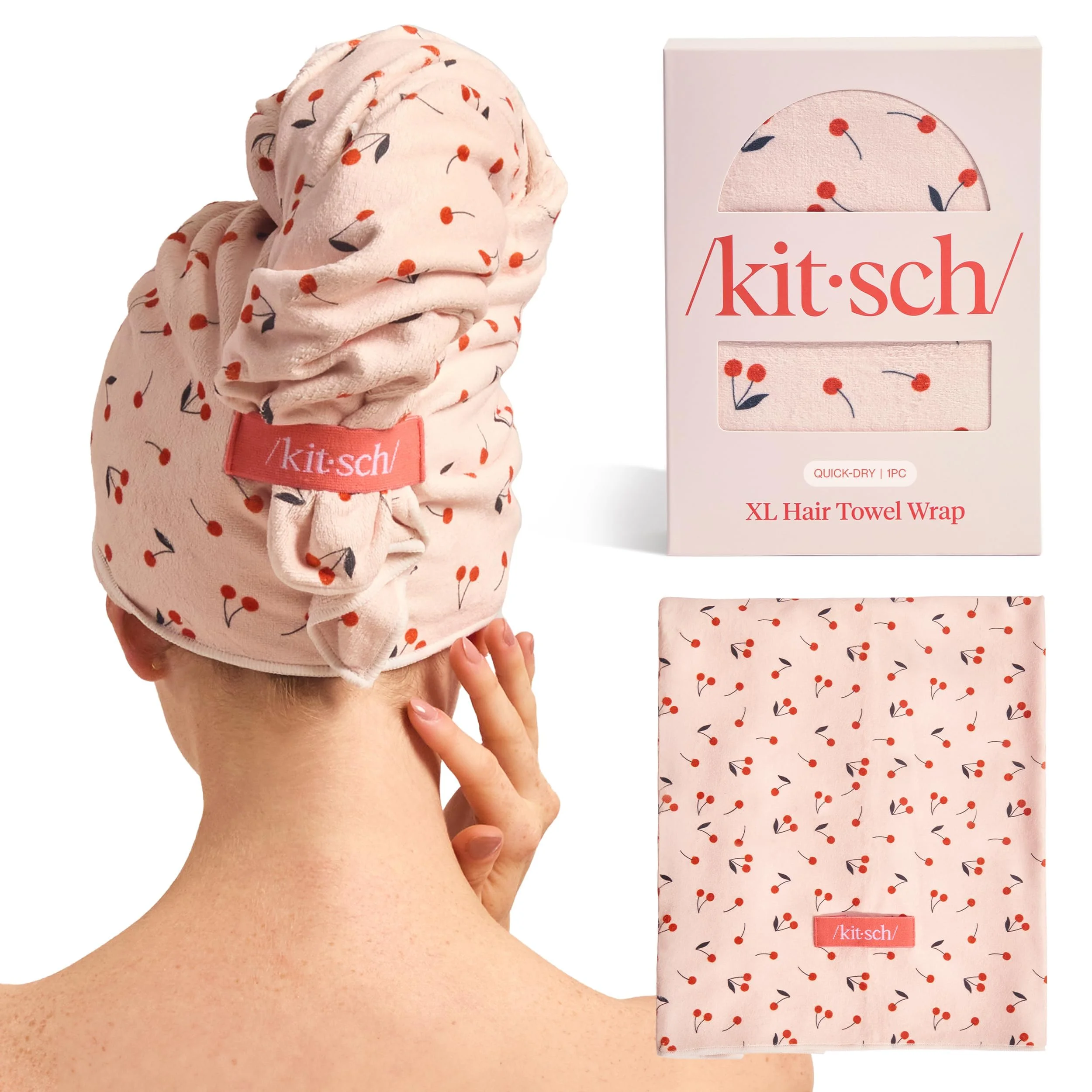 Kitsch XL Mikrofaser Handtuch Haare für Damen – Ultra-Saugfähiges Mikrofaser Handtuch für Nasses, Lockiges, Langes & Kurzes Haar – Anti-Frizz Haar Wrap | Ideales Haarpflege-Geschenk für Damen – Cherry