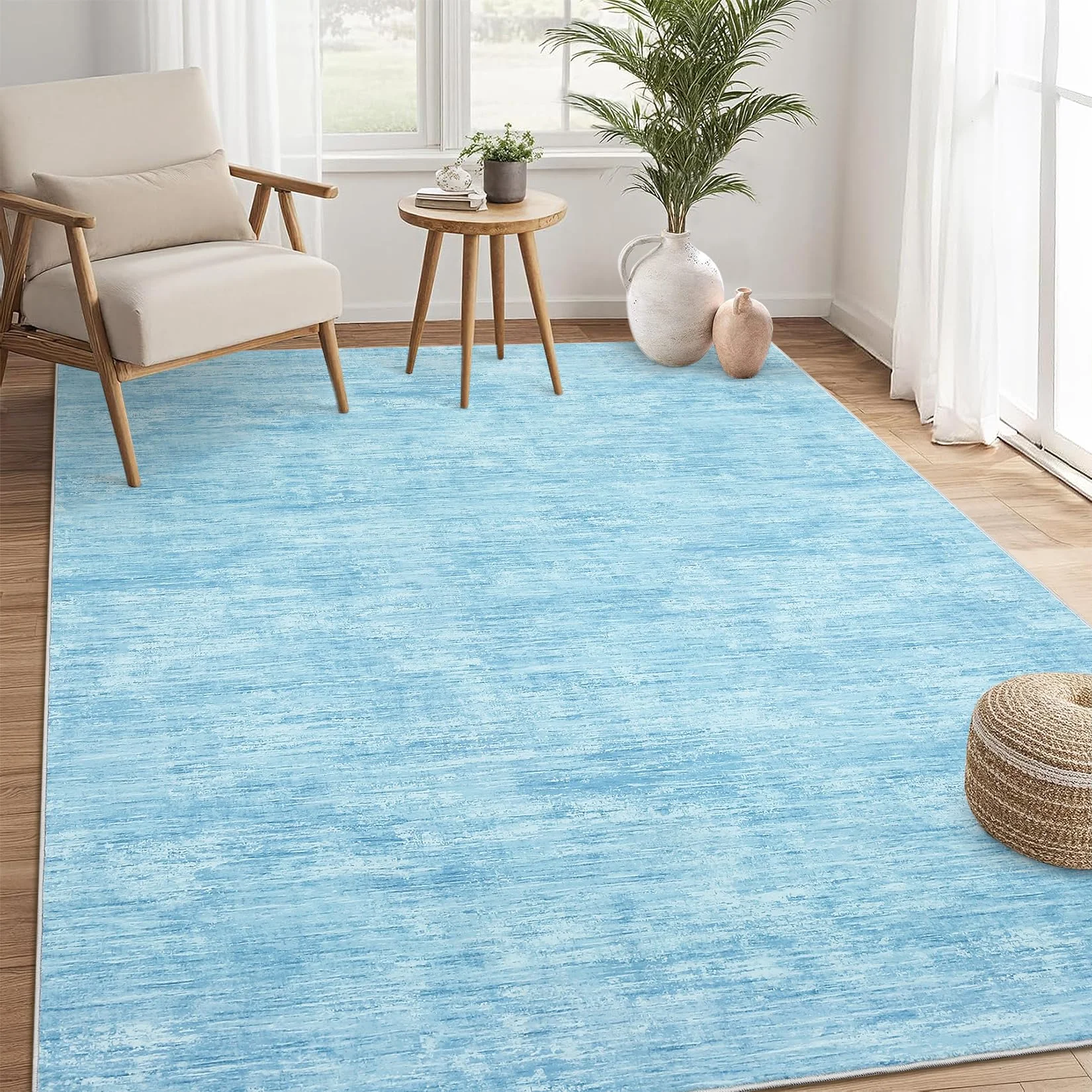 LuxFocus 120x170 cm Moderner Unifarbener Wohnzimmerteppich, Waschbarer Teppich Schlafzimmer, Unifarbenes Design mit Textur, Rutschfester Kurzflor-Teppich für Kinderzimmer Büro Esszimmer, Blau