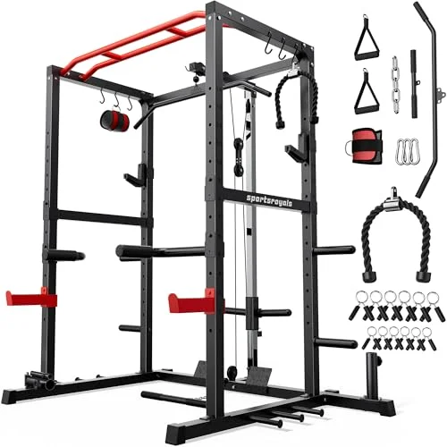 Sportsroyals Power Rack, multifunktionaler Power-Käfig mit LAT-Pulldown-Riemenscheibensystem, Kniebeugenständer mit mehr Trainingsaufsätzen für Zuhause, Fitnessstudio, 544 kg Tragkraft, Rot