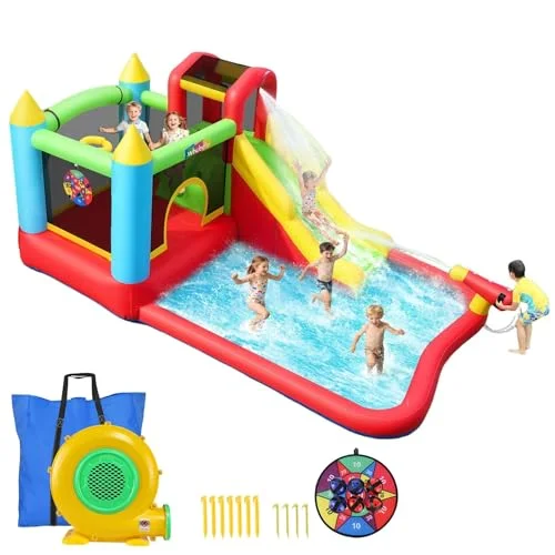 AKEYDIY Hüpfburg mit Rutsche, 270x210x180cm, Aufblasbare Hüpfburg für Kinder 3-8 Jahre, Raketen-Astronauten-Design, Indoor/Outdoor ⟮Rot⟯