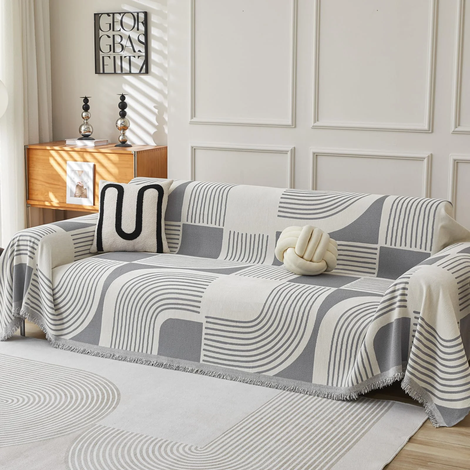 WEYOND Boho Chenille Sofa Überzug & Couch Überwurf, Sofa Cover & Sofa Überwurfdecke, Sofaschoner Hund & Sofaschutz Katze, Sofabezug oder Sofahusse für 1/2/3/4 Sitzer (180 x 380 cm, Grau)