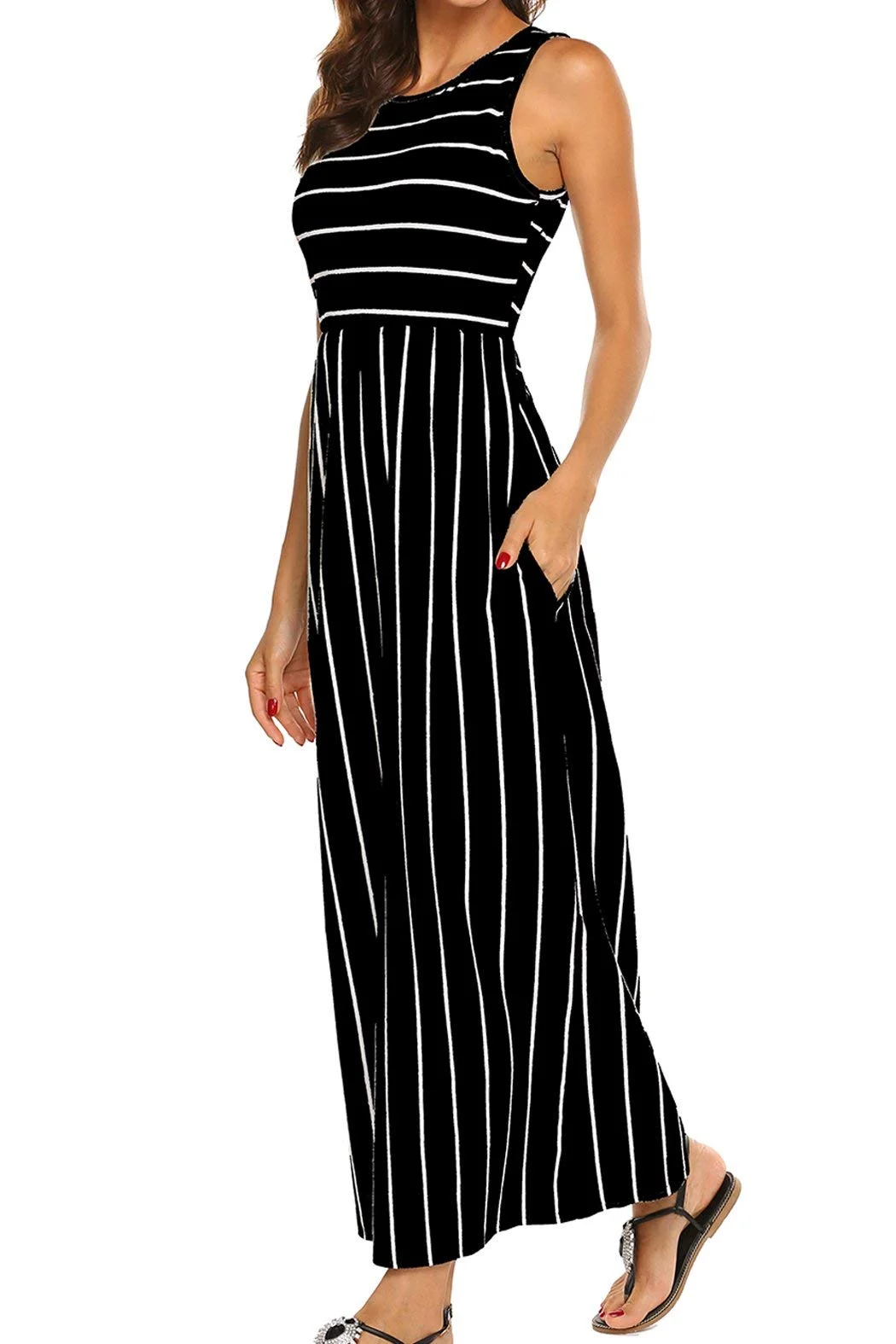 BDTECAOR Maxikleid Damen Sommer Boho Ärmellos Strandkleider Lässige Lange Tank Kleid mit Taschen