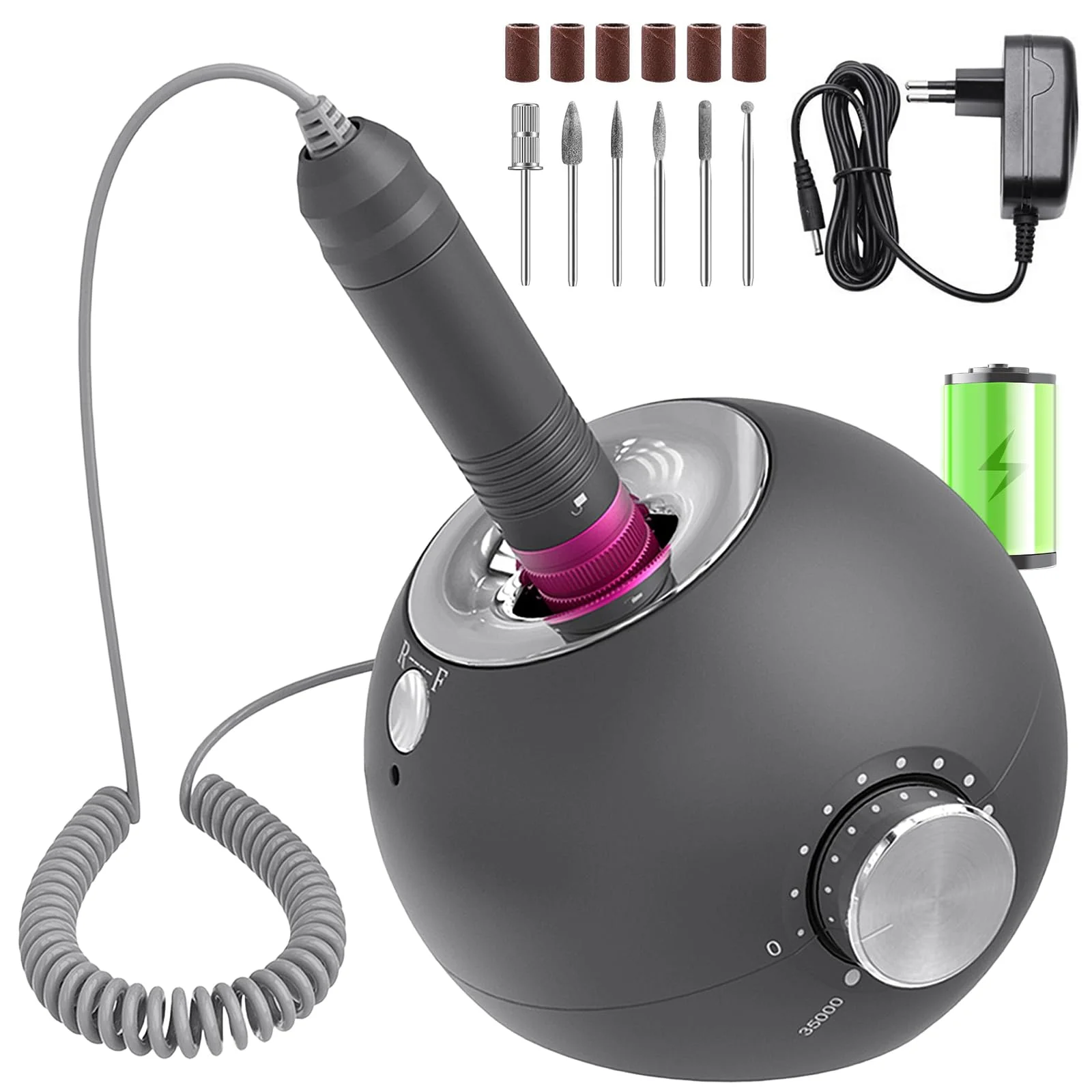 Elektrische Nagelfräser für Gelnägel , 35000 U/Min Wiederaufladbare Nagelfeile für Acrylnägel, Kallus, Nagelhaut Entfernen, Anfänger DIY, Nagelstudio, 6 in 1 Nagelpflege Maniküre Pediküre Set -Grau