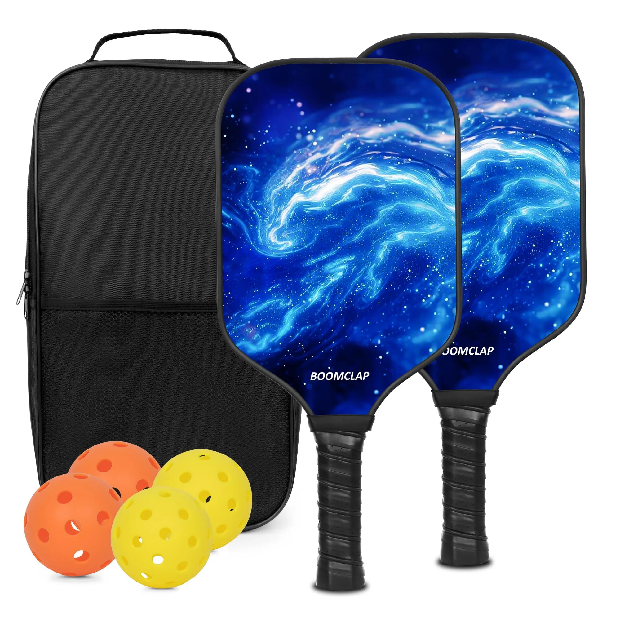 BOOMCLAP Pickleball-Paddel 2er-Set – Fiberglas-Oberfläche, komplett mit 2 Schlägern, 4 Bällen und tragbarer Tragetasche – ideal für Männer und Frauen