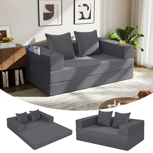 MeMoreCool 2-in-1 Schlafsofa, Ausziehbares Loveseat-Sofa, Faltbare Matratze und Schlafsessel, Corduroy-Schlafcouch für Schlafzimmer, Wohnzimmer & Lounge, Klappsofa mit Kissen