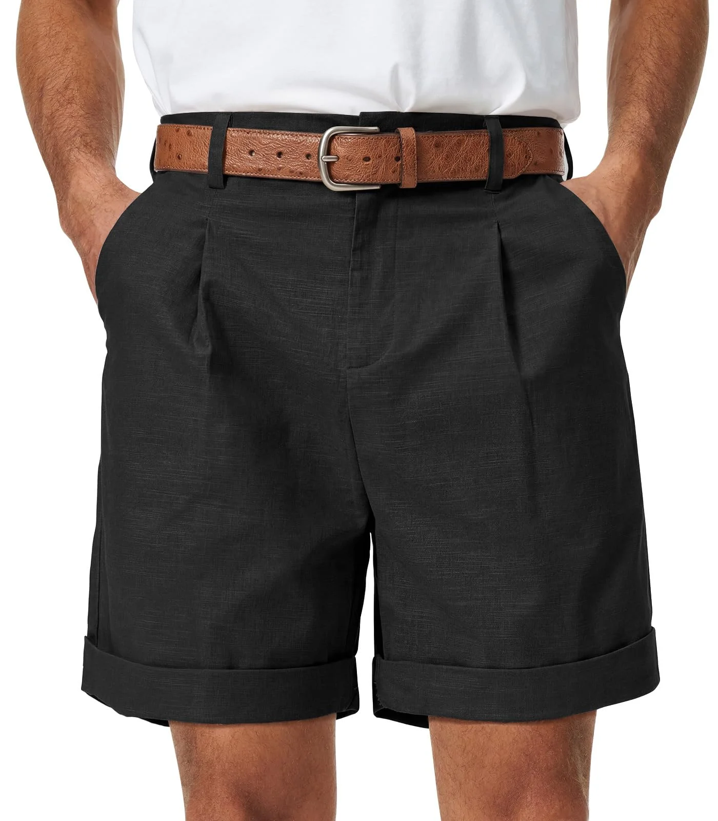 Zetieny Herren Shorts Baumwolle Leinen Sommer Kurz Hosen mit Gummizug Leicht Sommershorts Freizeithose mit Taschen (Ohne Gürtel)