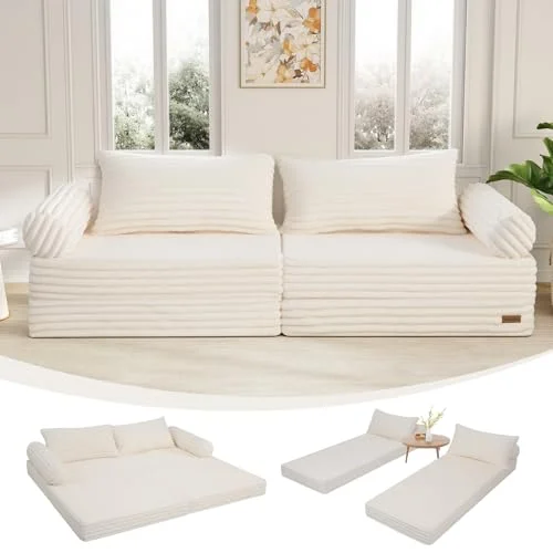MeMoreCool Boneless Sofa Bett aus Cord – Boden Schlafsofa Convertible Futon mit Kissen, Bequeme Schaumstoff-Matratze, Vielseitige Lounge Cloud Couch für Wohnzimmer & Schlafzimmer