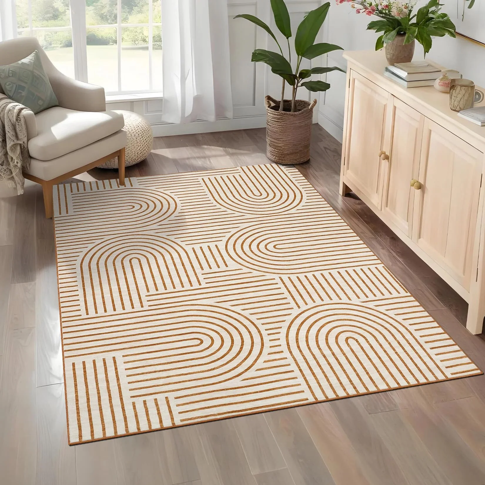LuxFocus Waschbarer Bettvorleger 80x150 cm, Rutschfester Kurzflor-Teppich mit skandinavischem Linien-Design, modernes abstraktes Muster für Schlafzimmer & Flur, Orange