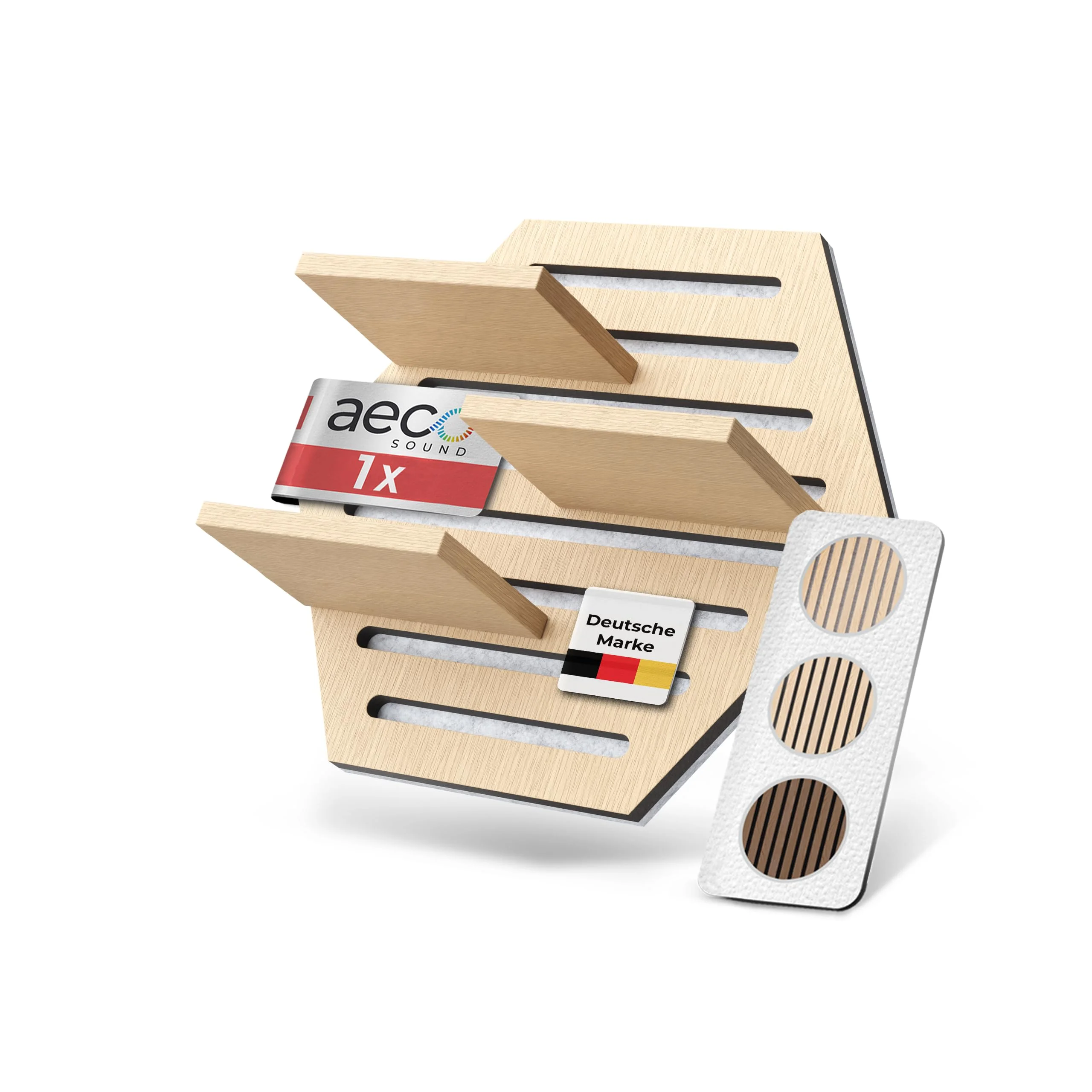 Aeco Sound® Akustikpaneele Holz Wandregal – Echtholz Eiche & Akustikfilz Grau | Hexagon 65x52cm – Regal & Schalldämmung