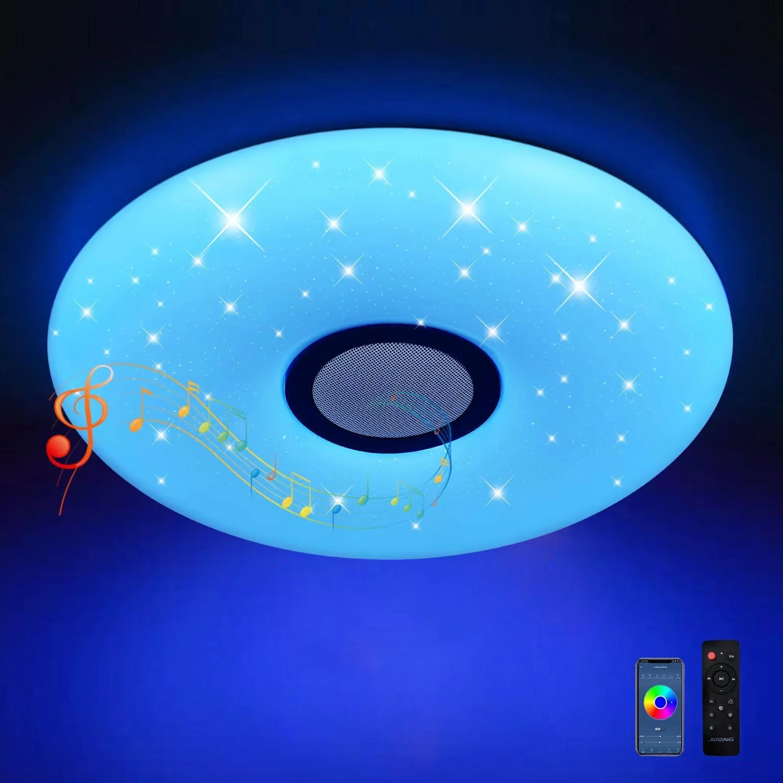 JDONG Led Deckenleuchte mit Fernbedienung und App dimmbar 36W Bluetooth Deckenleuchte Ø40CM mit Bluetooth Lautsprecher, Sternenhimmel,Farbwechsel RGB Warmweiß/Kaltweiß