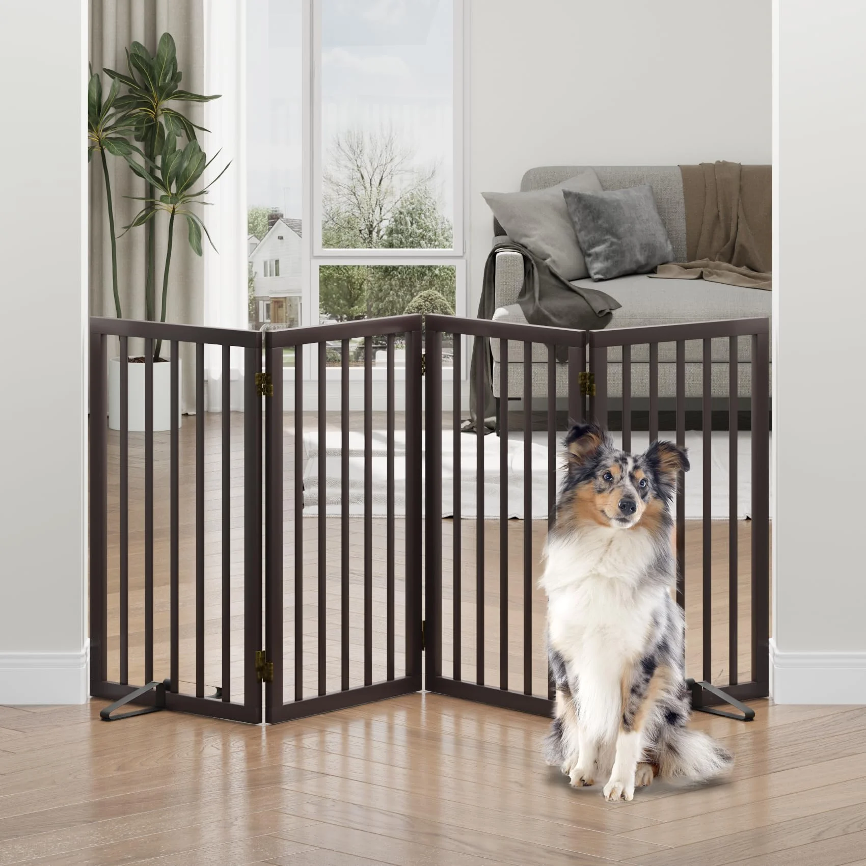 Hohe Hundegitter für Türöffnungen, Faltbares Hundegitter für den Innenbereich, Freistehende Haustiergitter für Türöffnungen Schlafzimmer, Welpengitter mit Metallstützen, Raumteiler, 4 Paneele (braun)
