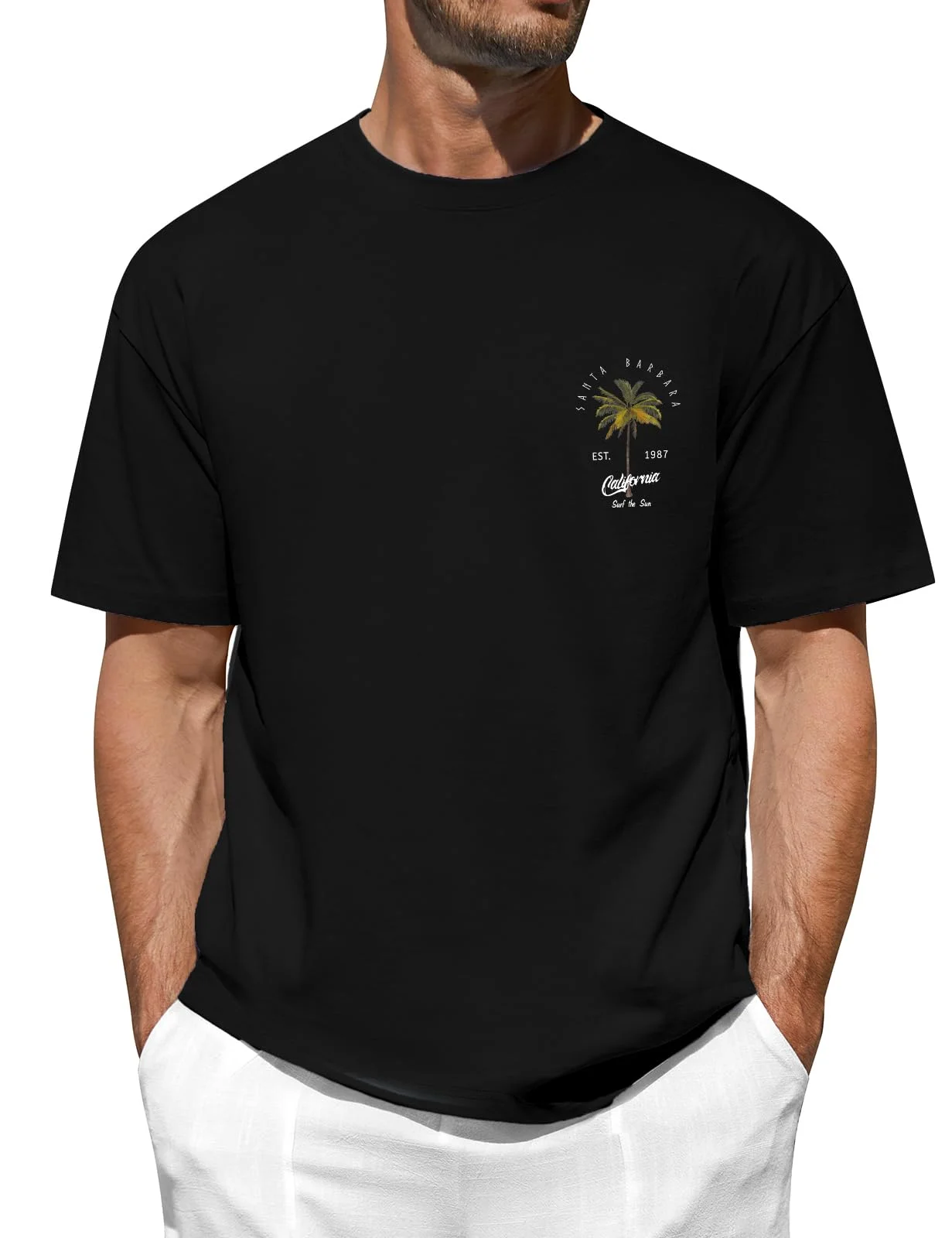 TOMEEK T Shirt Herren Graphik Basic Tshirt Kurzarm Baumwolle Rundhalsausschnitt T-Shirt Palmen Print Sommer Top Sport Kalifornien