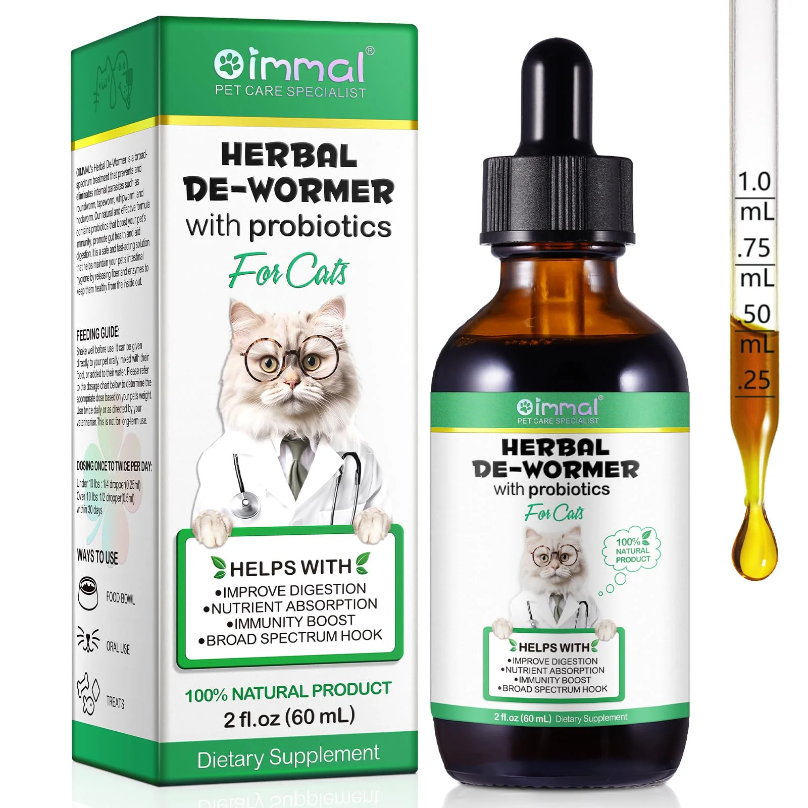 Wurmkur für Katzen 60ml，Verbesserung der Verdauung, Immunitätsschub Kräuterentwurmer mit Probitika, Katzenwurmer-Tropfen, Anti-Parasiten, Breitband-Hakenwürmer - Sicher, Effektiv