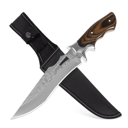 GER-SABER Outdoormesser 31cm – Drop-Point Klinge Varianten mit Hammerschlag & Damast-Optik, Verzierter Handschutz, Holzgriff mit Inlay, Robuster Outdoor-Begleiter