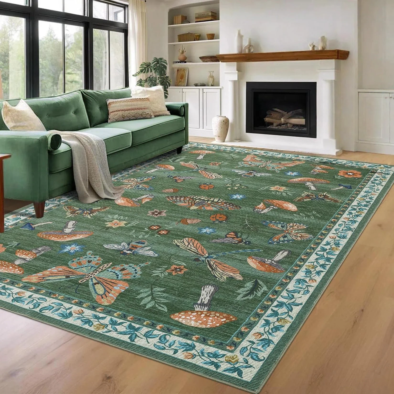 CAROMIO Kurzflor-Teppich 200x290 cm Wohnzimmer, Schmetterlings- & Libellen-Design, Waschbarer & Rutschfester & Faltbarer Bodenbelag, Weicher Teppich für Kinderzimmer, Grasgrün