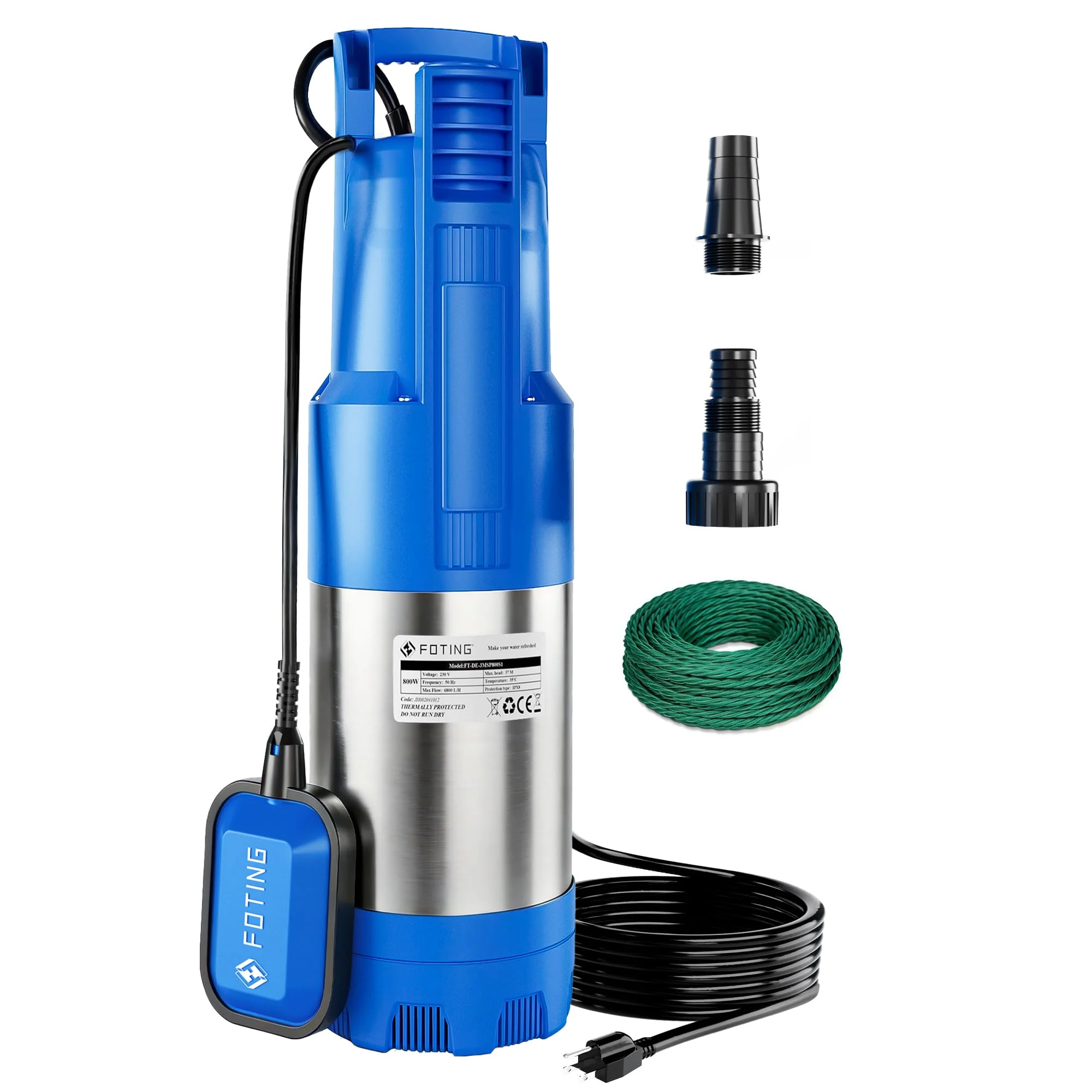 FOTING Tauch-Druckpumpe 3 inox, 800W Tauchdruckpumpe mit 6800 l/h Fördermenge, Förderhöhe max. 37 m, Eintauchtiefe max. 12 m, integrierter Schwimmerschalter, mit Schmutzfilter, geräuscharmer Betrieb