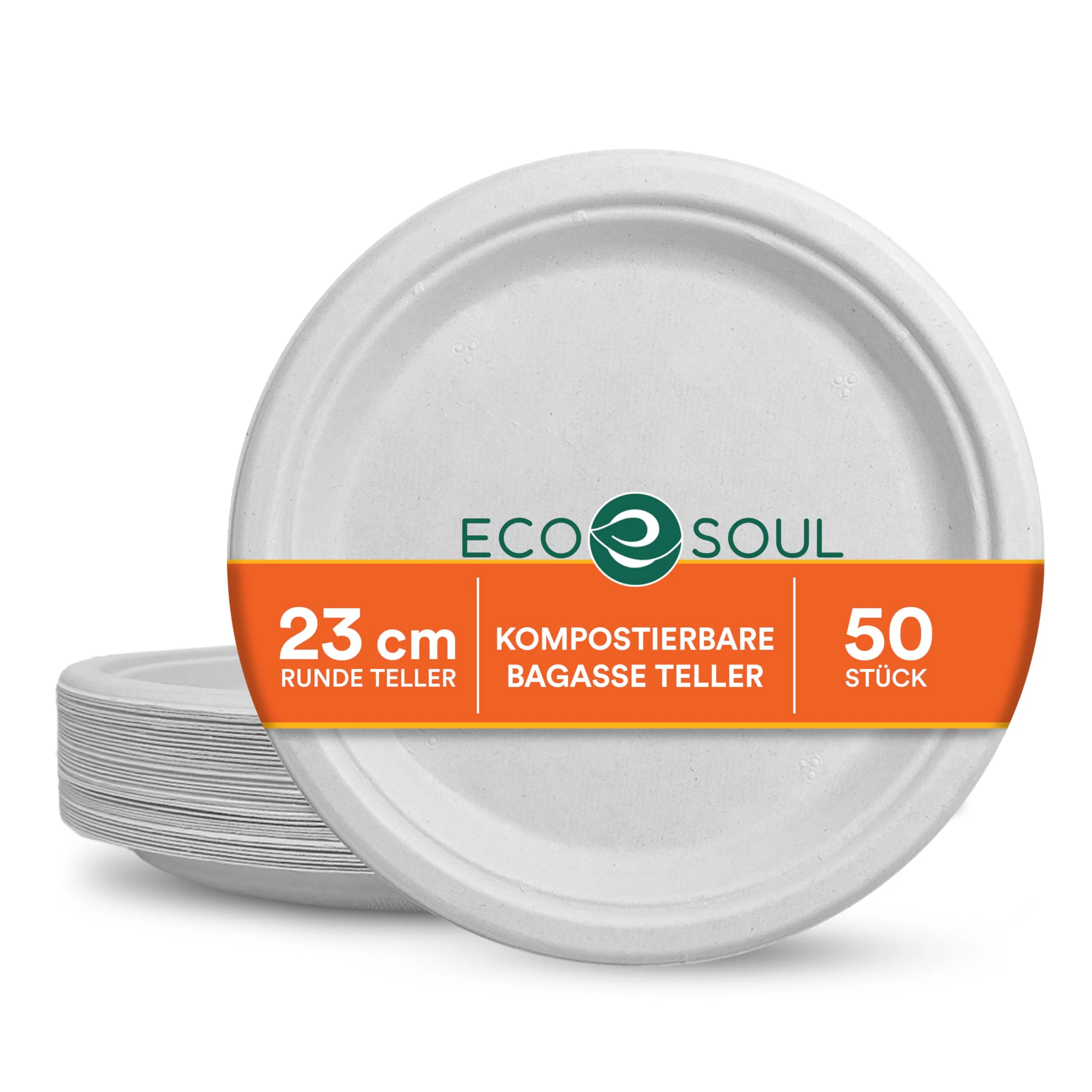 ECO SOUL weiße 23 cm (9 Zoll) runde Bagasse-Papierteller (50 Stück), Einweggeschirr, 100% kompostierbar, umweltfreundliches Partygeschirr, langlebiges Campinggeschirr, mikrowellen- und ofenfest