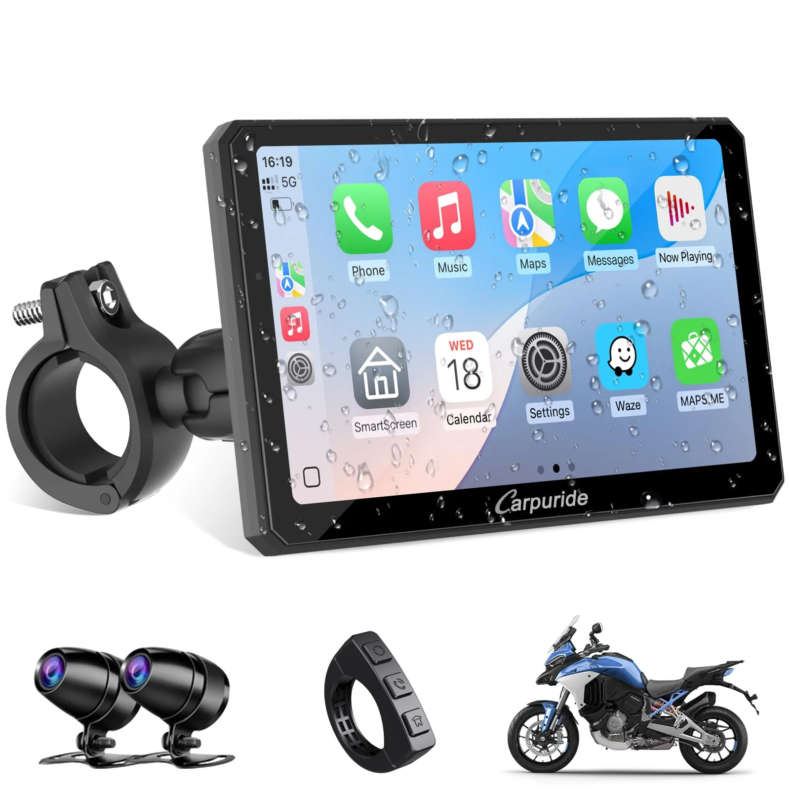 Carpuride W712D Motorrad Carplay Bildschirm mit 1080P Doppelkameras, Kabellos CarPlay und Android Auto, 7 Zoll Wasserdichtem Touchscreen, BT Audio, Verdrahtet Controller, Loop Aufnahme, Navigation.