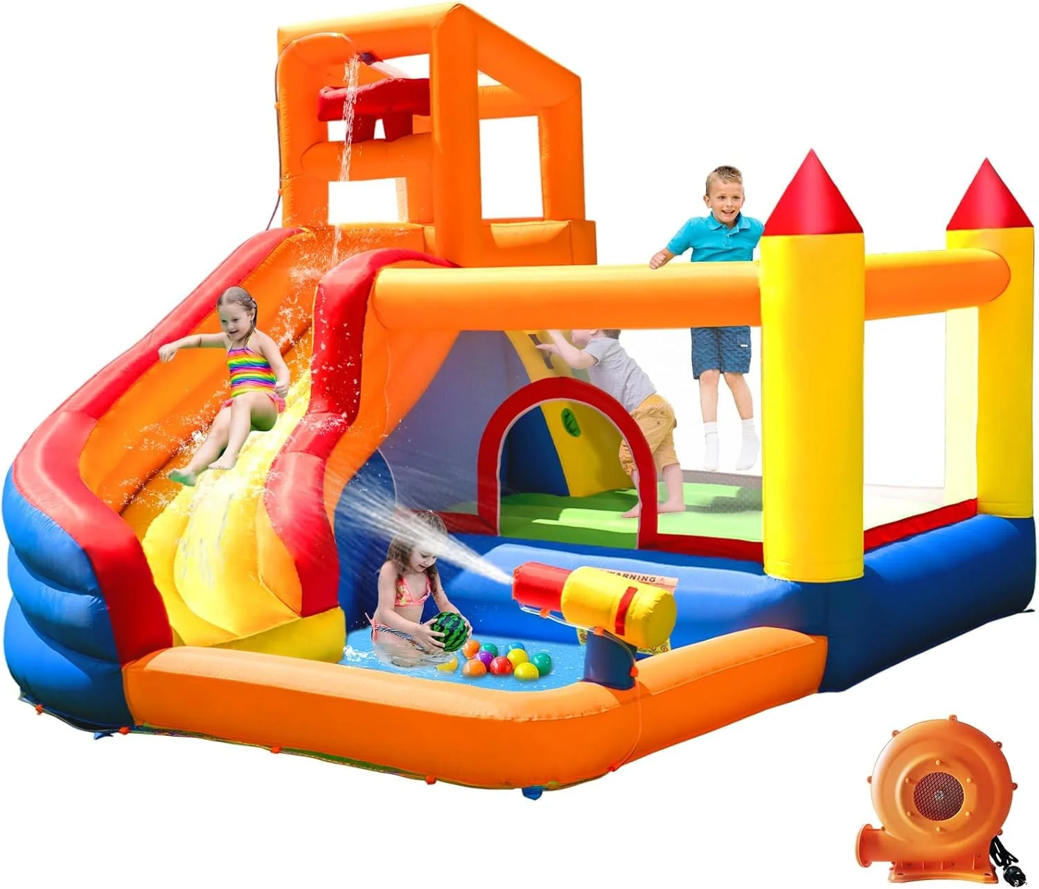 Ballsea Große Hüpfburg mit Gebläse, Trocken-/Wasserrutsche, geeignet für Kinder von 3 bis 10 Jahren, Children's Bouncy Castle for Indoor or Outdoor use 320 x 280 x 232 cm