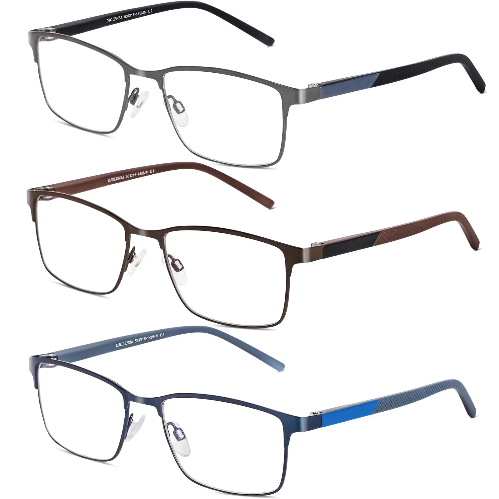 DJOLENSA 3er-Pack Lesebrillen für Männer, Blaulicht-Blocker, Computer-Lesebrille Herren, Metallrahmen mit Federscharnier & Etuis, schützt gegen Ermüdung/blendendes Licht/UV-Licht (Stärke +3.5