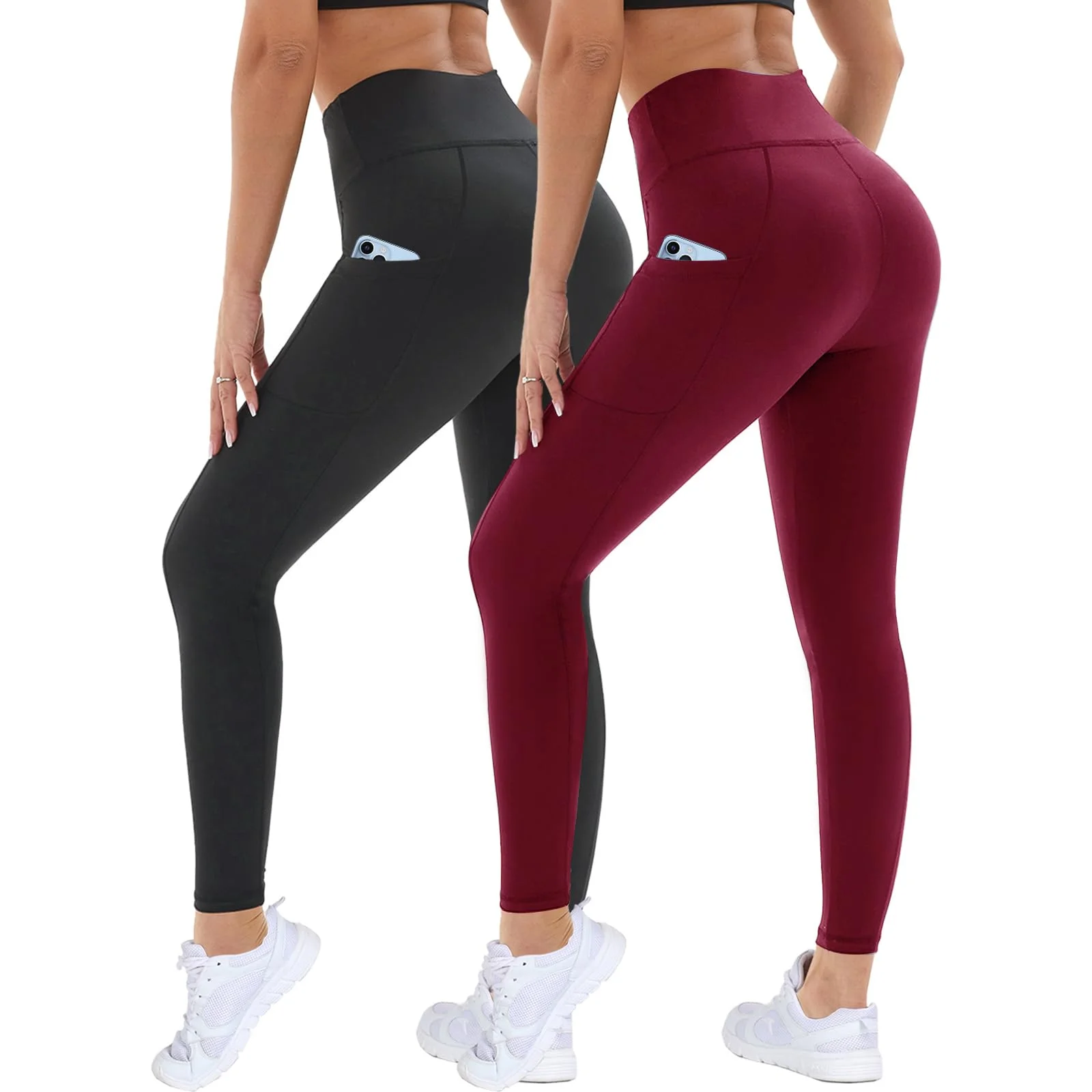 DDOBB 2er Pack Sport Leggings Damen High Waist Sportleggins Damen Lang Mit Taschen Gym Leggins Blickdicht Schwarz Sporthose Elastische Bauchweg Yogahose Fitness Laufhose