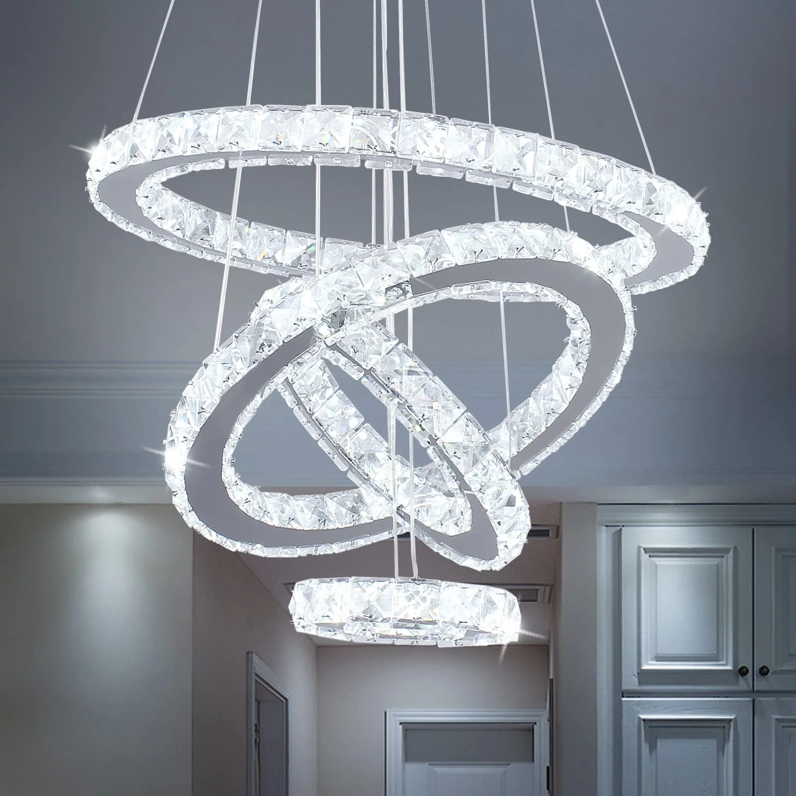 diisunbihuo LED Kristall Kronleuchter Hängelampe Deckenleuchte Moderne Kristall Pendelleuchte Einstellbare Vier Ringe Kaltweiß Lüster (60W Kaltes Weiß)