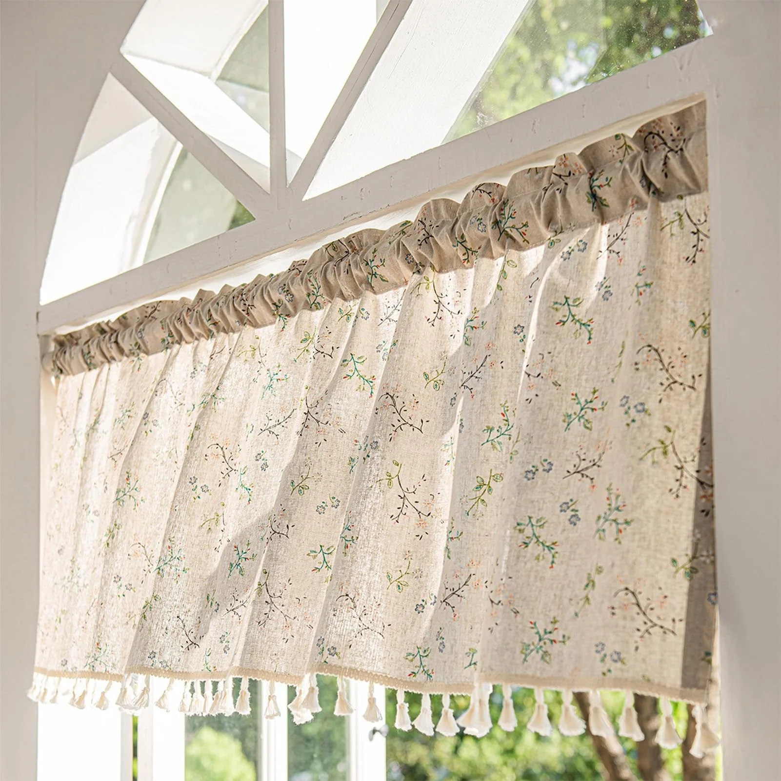 NSXIN Scheibengardine Halbtransparent Bistrogardine Blumen Küchengardinen Landhausstil Gardinen Quasten Vorhänge Kurz für kleine Fenster Küche Wohnzimmer (Kapok,150cm*77cm)