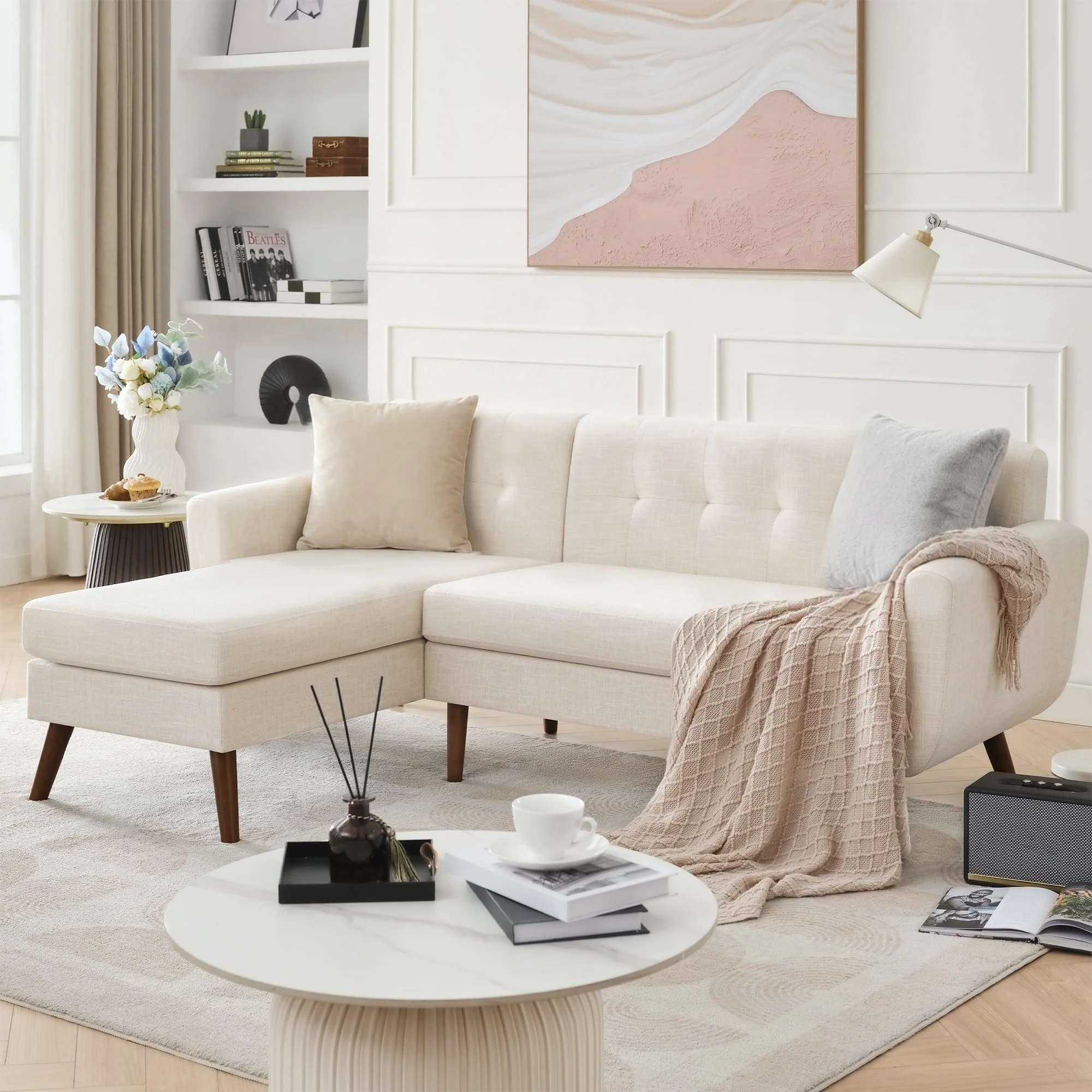 Kingfun 203cm Ecksofa Beige mit Knopfheftung & Holzfüßen, 3 Sitzer L Form Eckcouch Leinenoptik mit Waschbare Bezüge für Wohnzimmer & Schlafzimmer, L Form Big sofa mit Chaiselongue für Büro & Apartment