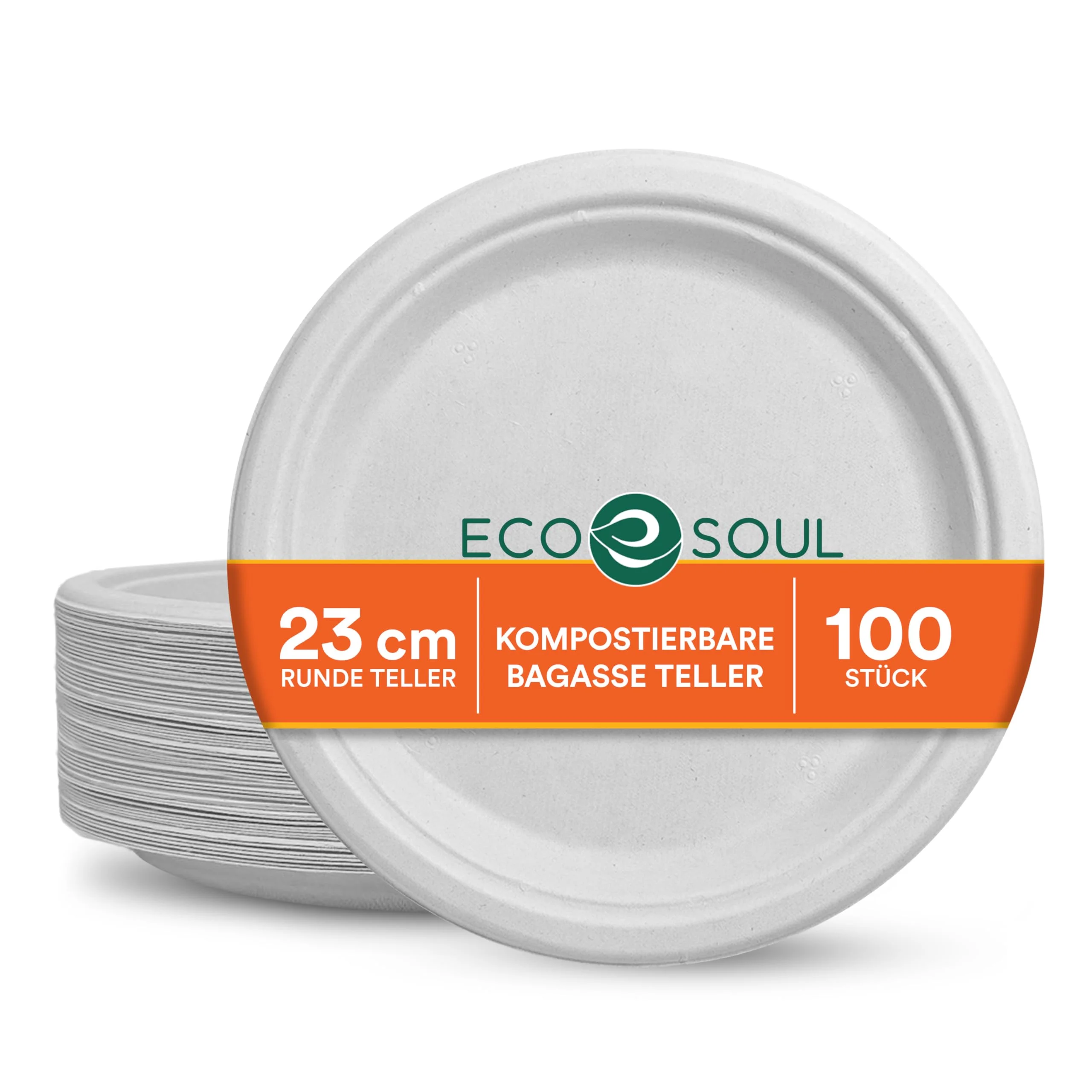 ECO SOUL weiße 23 cm (9 Zoll) runde Bagasse-Papierteller (100 Stück), Einweggeschirr, 100% kompostierbar, umweltfreundliches Partygeschirr, langlebiges Campinggeschirr, mikrowellen- und ofenfest