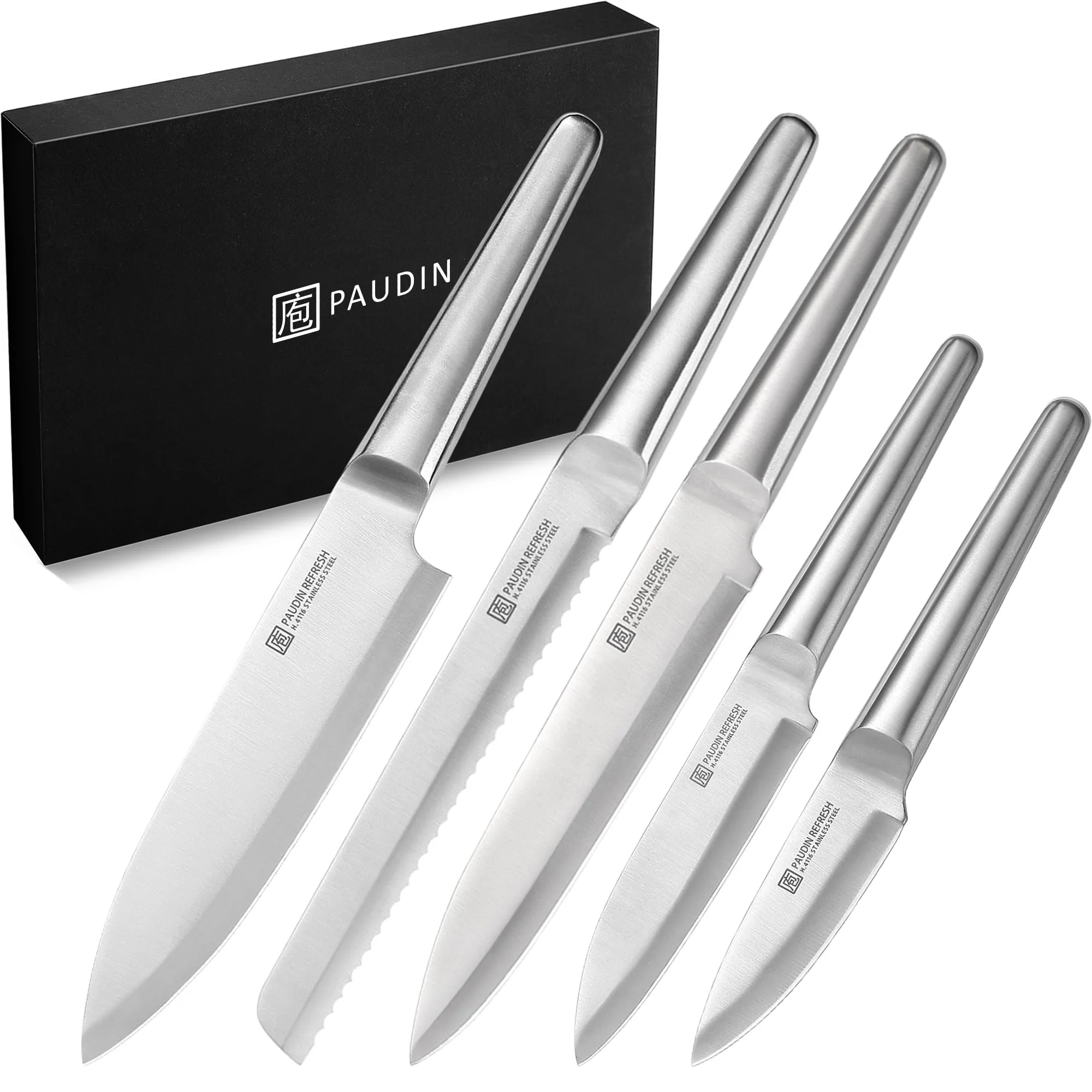 PAUDIN 5-teiliges Messerset, Küchenmesserset aus deutschem Edelstahl, Kochmesser Brotmesser Fleischmesser Allzweckmesser Schälmesser, Messer mit bequemem Griff und Geschenkbox