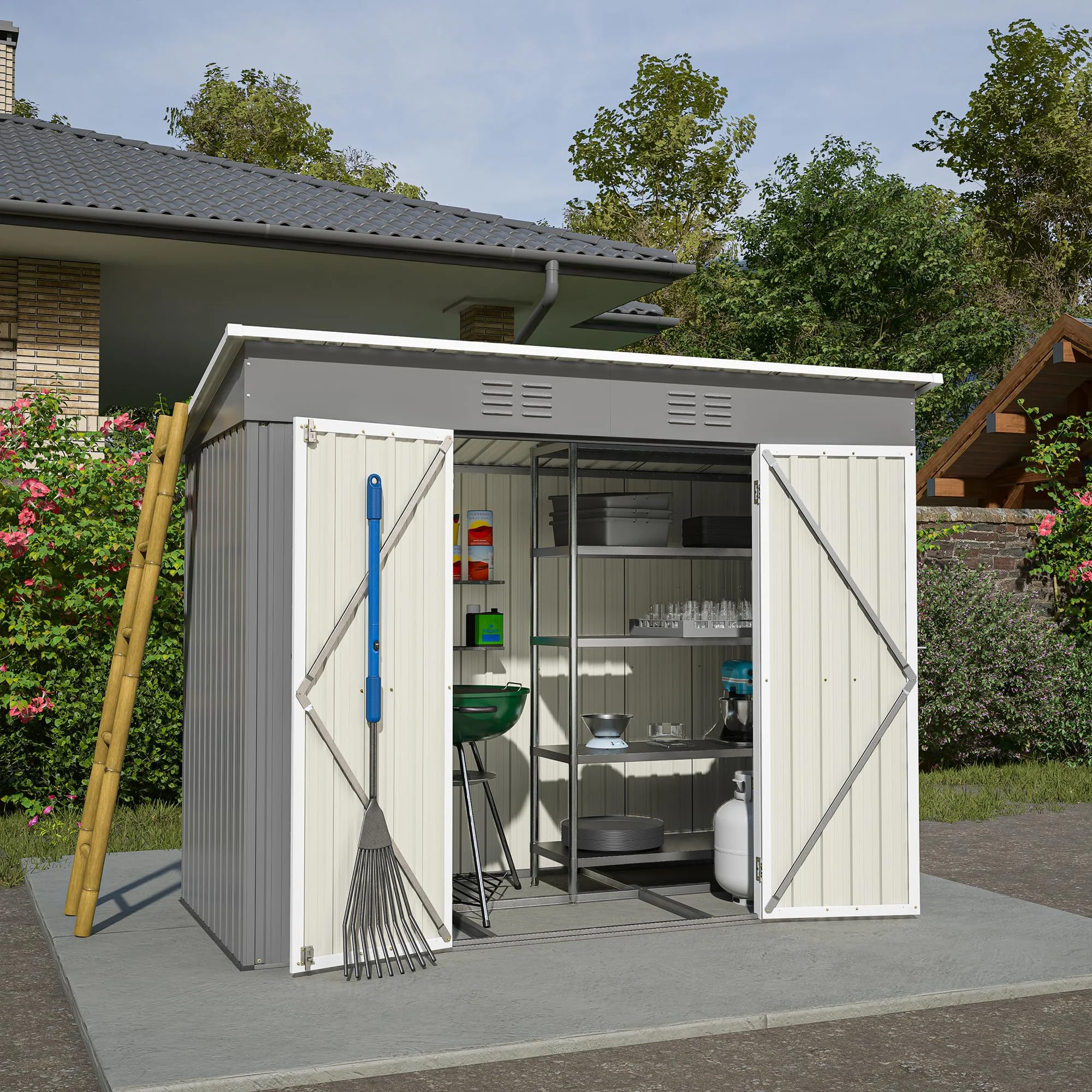 LANTRO JS Metall Gerätehaus 6m³, Garten Schuppen mit Klapptür, Gartenhütte Blech für Werkzeugaufbewahrung, Geräteschuppen Metall, Grau 242x126x182cm