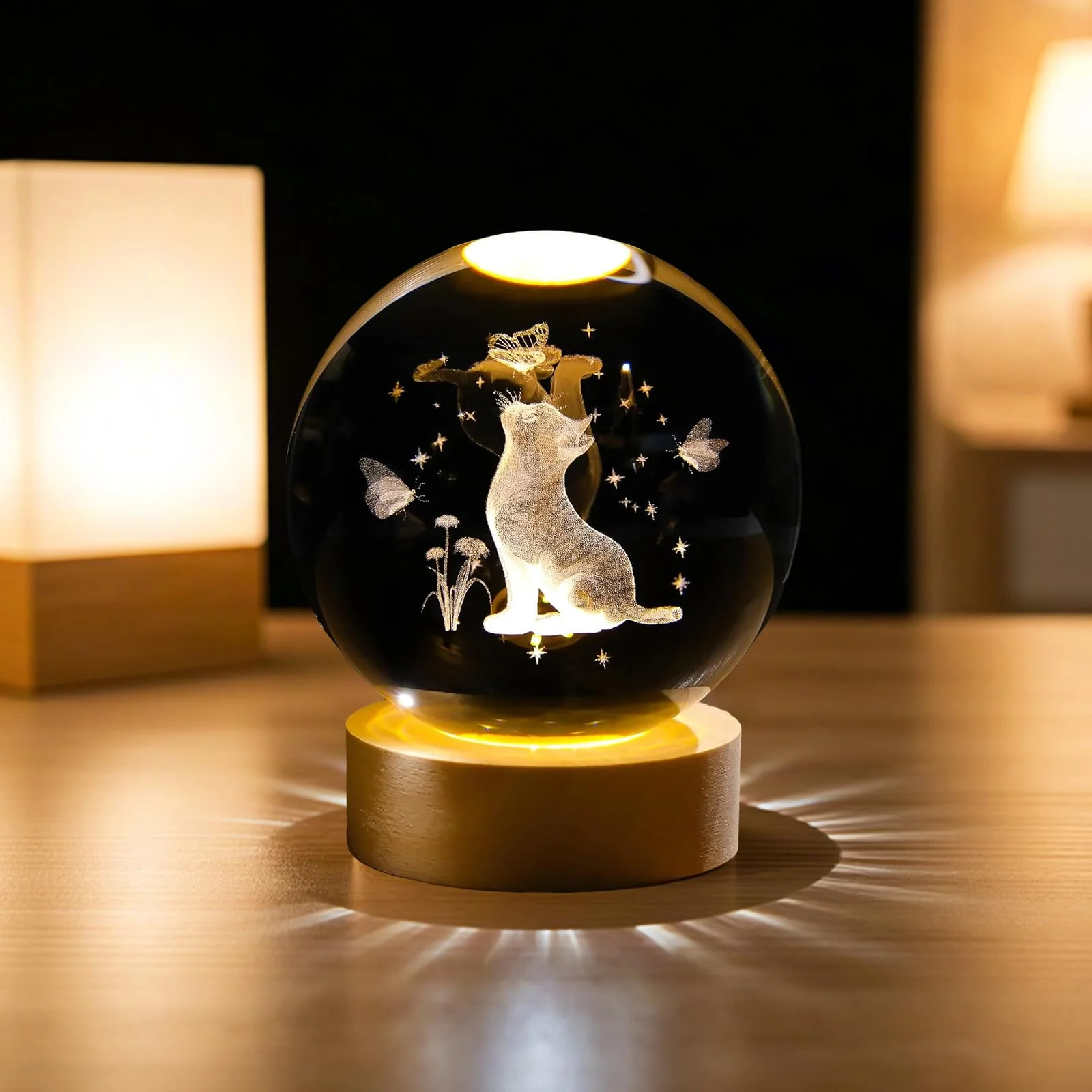AMFUN 3D Kristallkugel Nachtlicht, Glaskugel-Nachtlampe mit Holzsockel, Katzen-Kristallkuge, Geschenke für Männer, Frauen, Kinder, Jungen