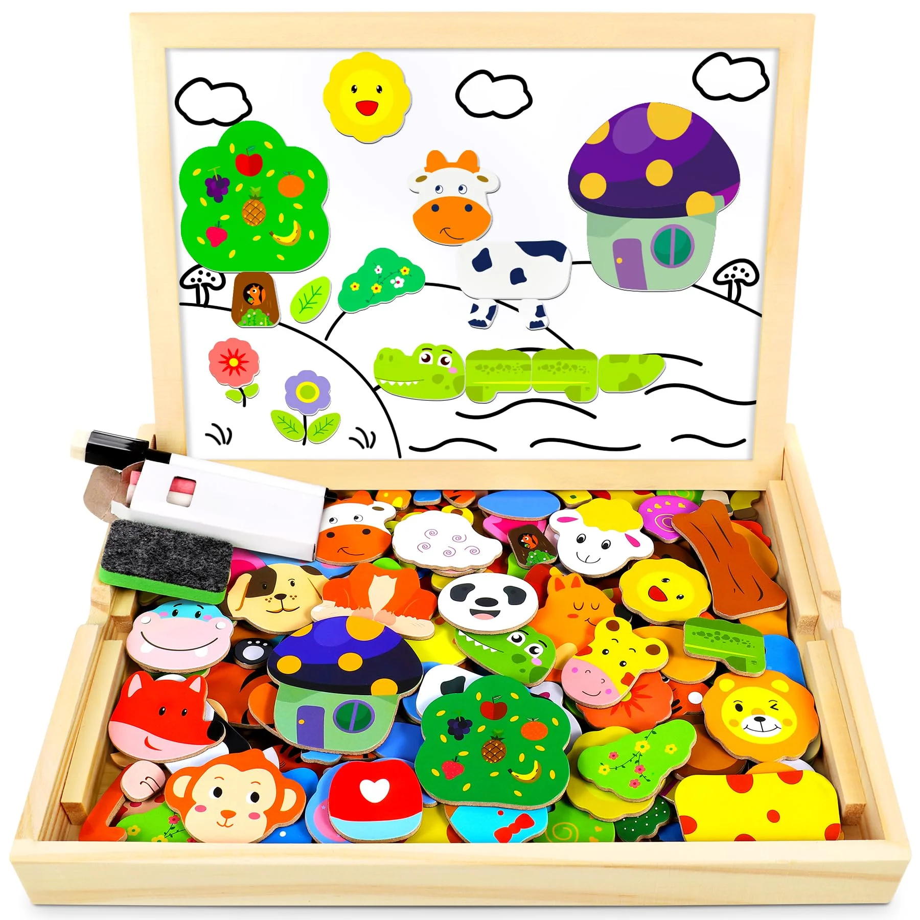 Jojoin Magnetic Wooden Puzzle 110 Pieces, Magnetic Board Kids, Puzzle from 3, Montessori Toys from 3 Years, Forest and Animal Puzzles Kids Games, Gift for Girls Boy Easter Christmas
